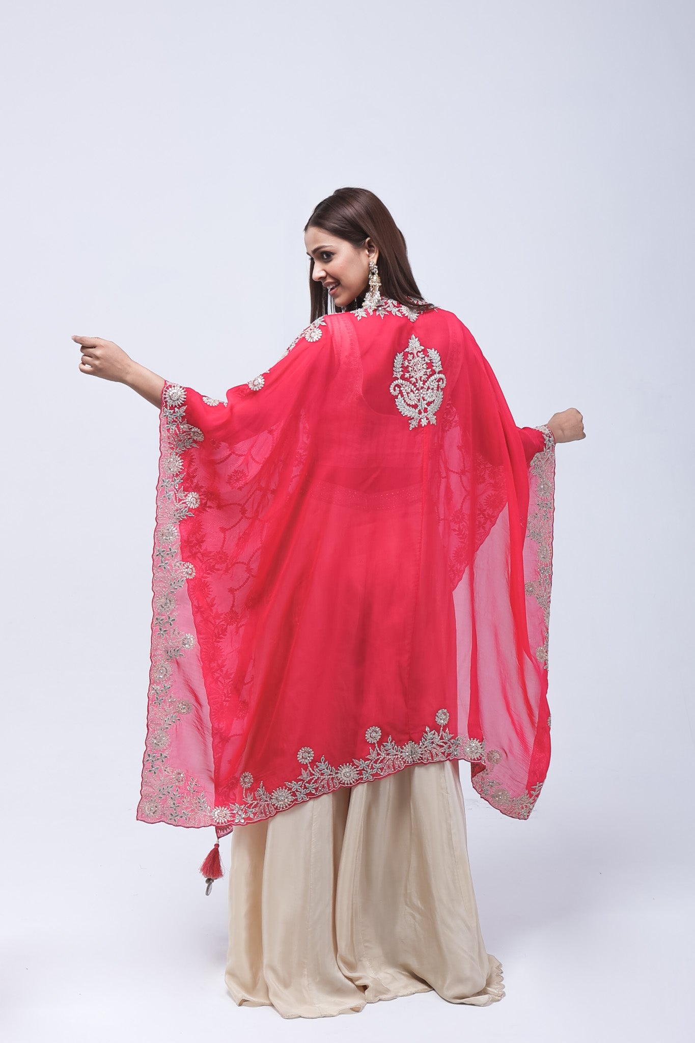 Deep Rani Pink Long Shrug Indo-Western Dress
