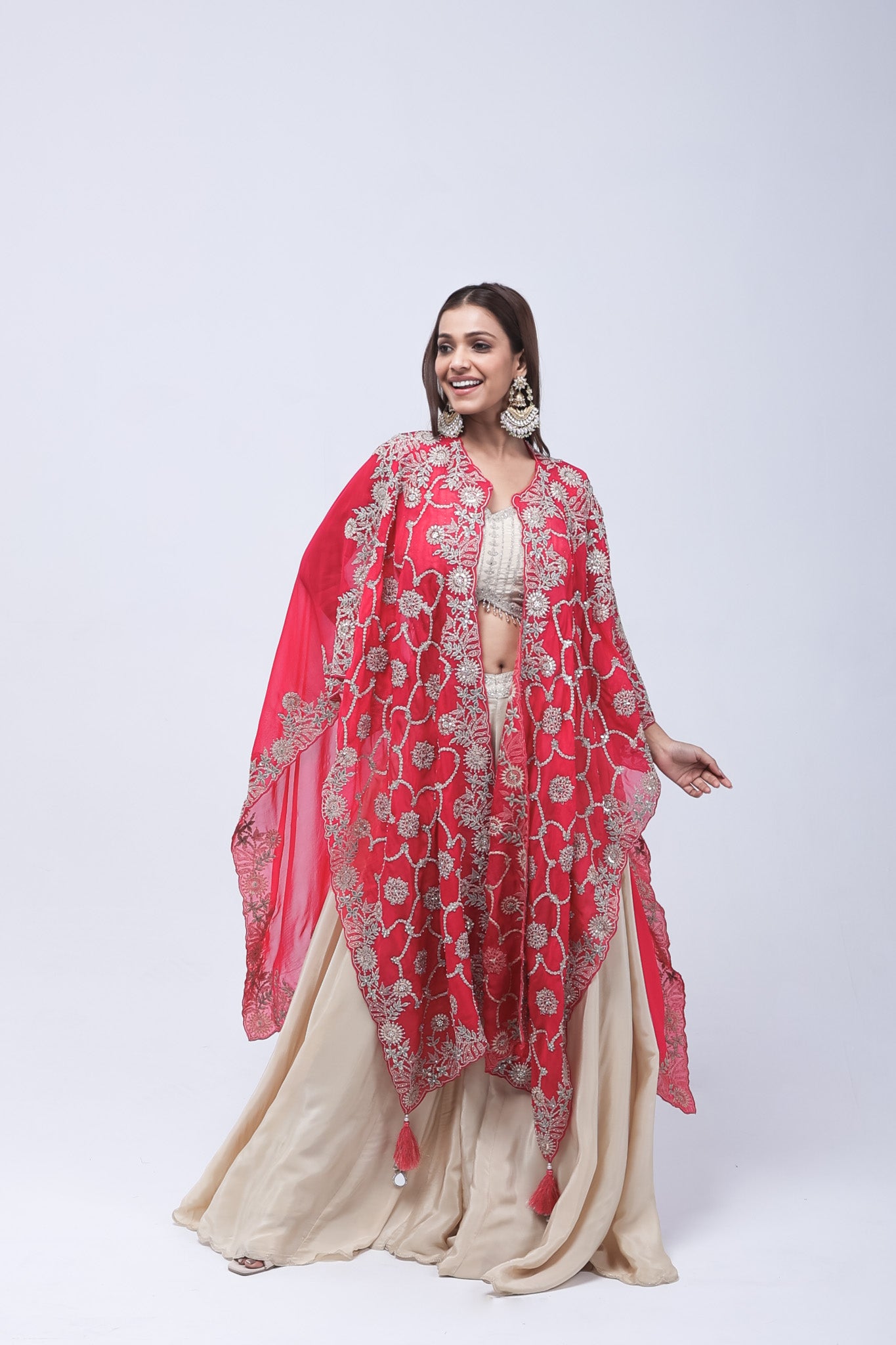 Deep Rani Pink Long Shrug Indo-Western Dress
