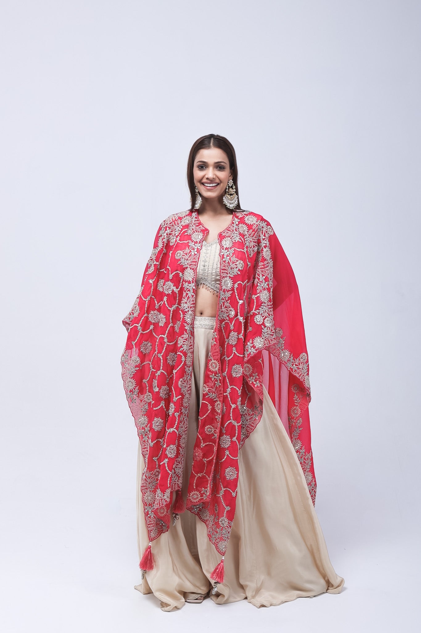 Deep Rani Pink Long Shrug Indo-Western Dress