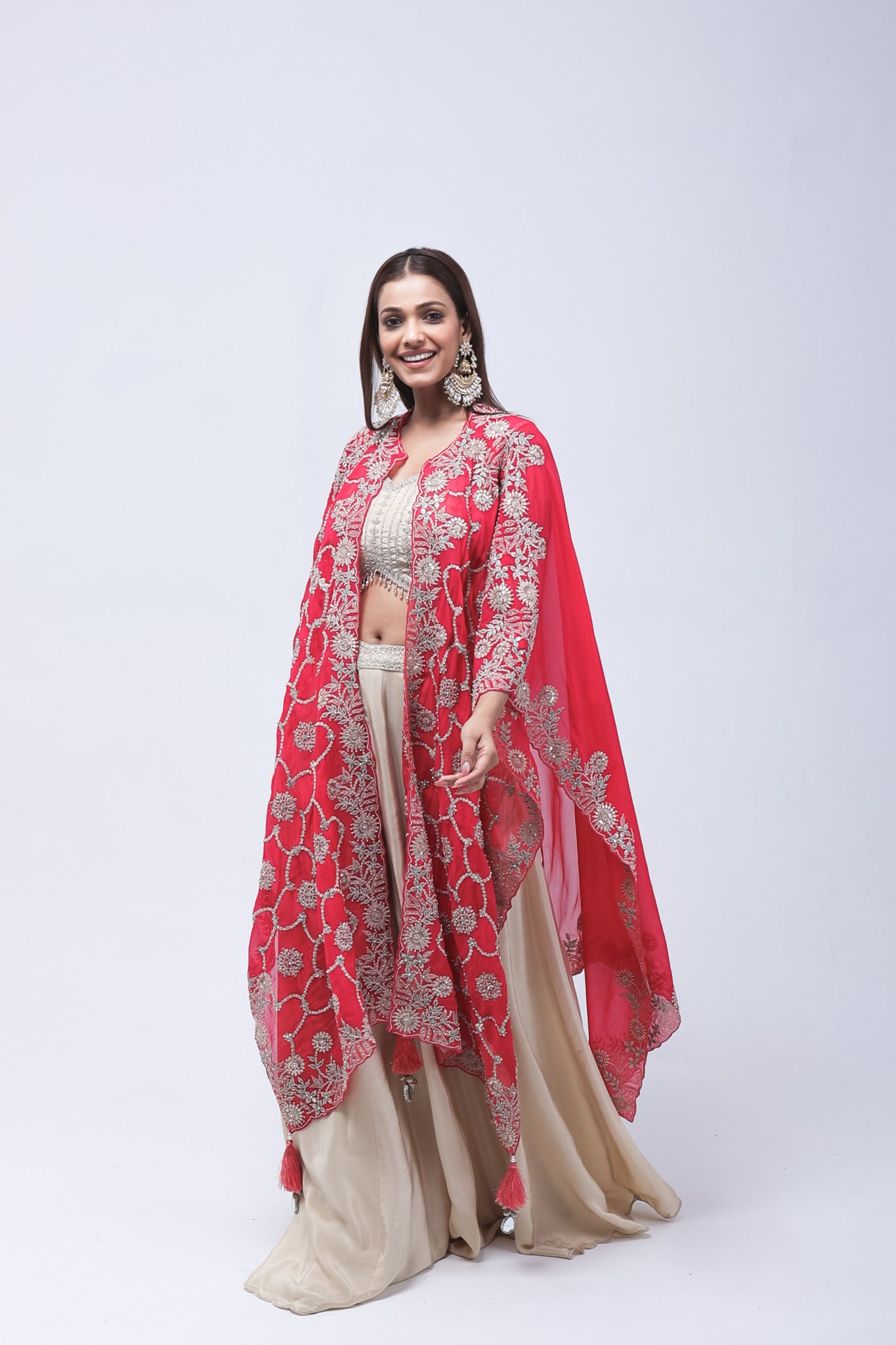 Deep Rani Pink Long Shrug Indo-Western Dress