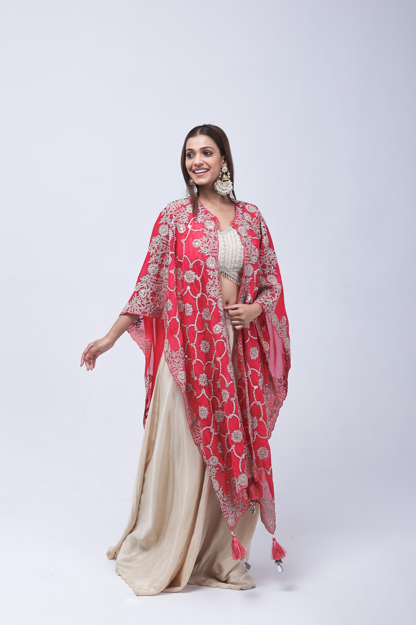 Deep Rani Pink Long Shrug Indo-Western Dress