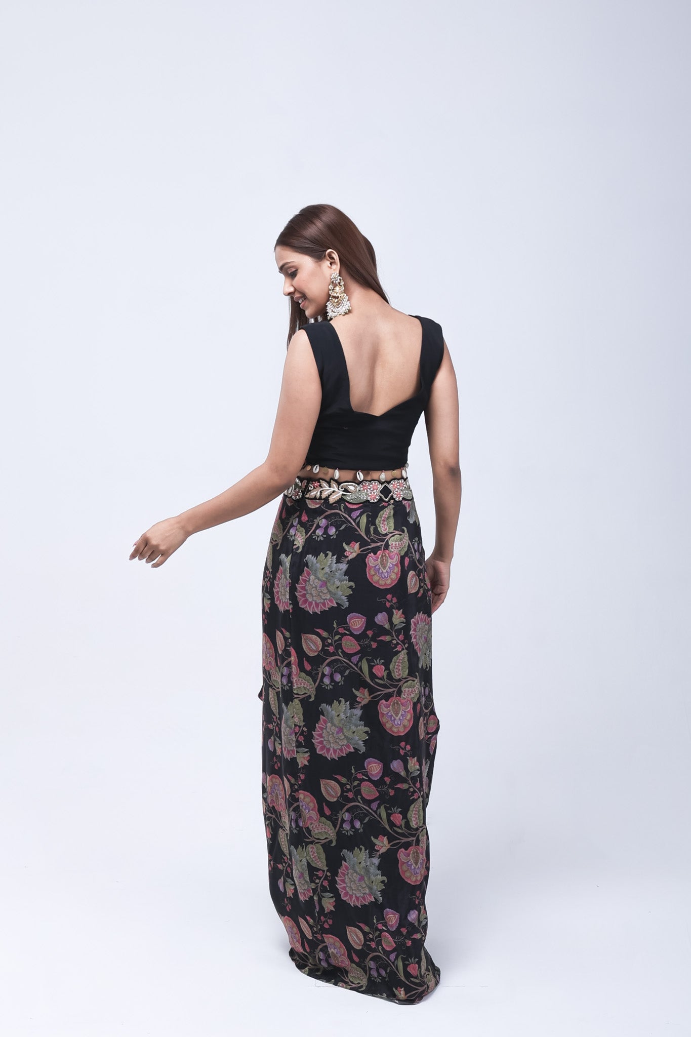 Luxurious Black Floral Long Shrug Indo-Western Dress