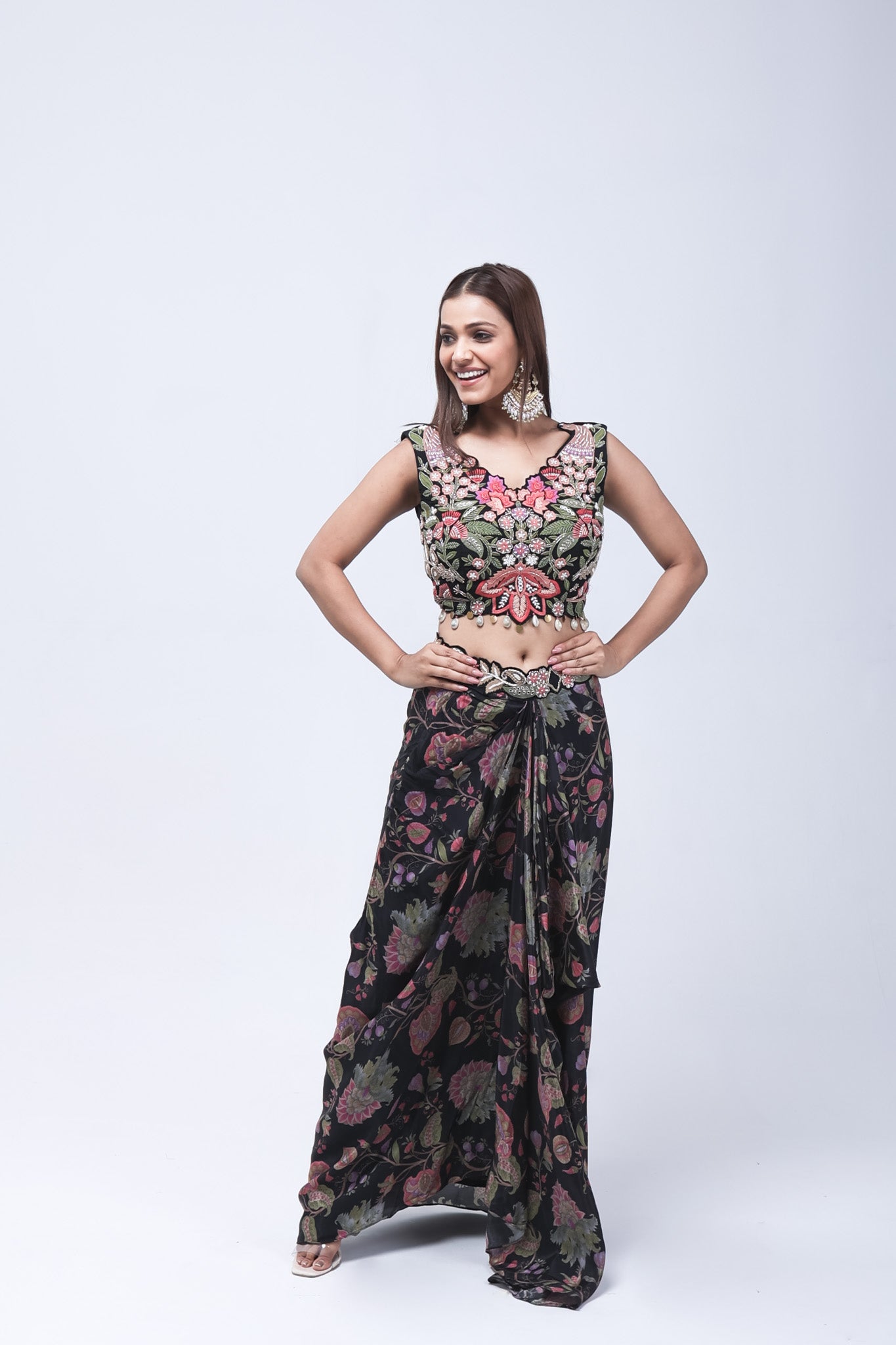 Luxurious Black Floral Long Shrug Indo-Western Dress