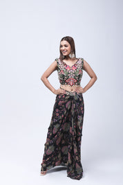 Luxurious Black Floral Long Shrug Indo-Western Dress