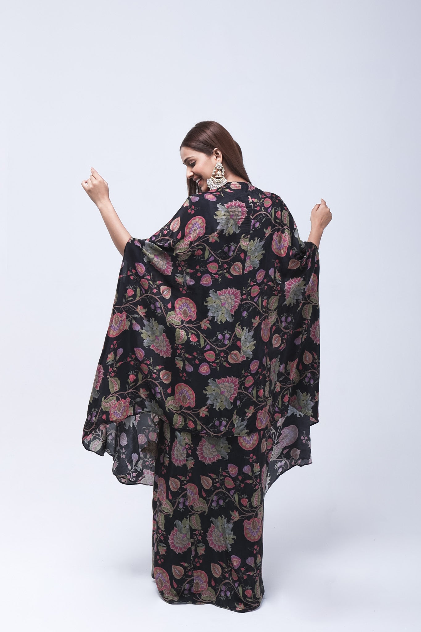 Luxurious Black Floral Long Shrug Indo-Western Dress
