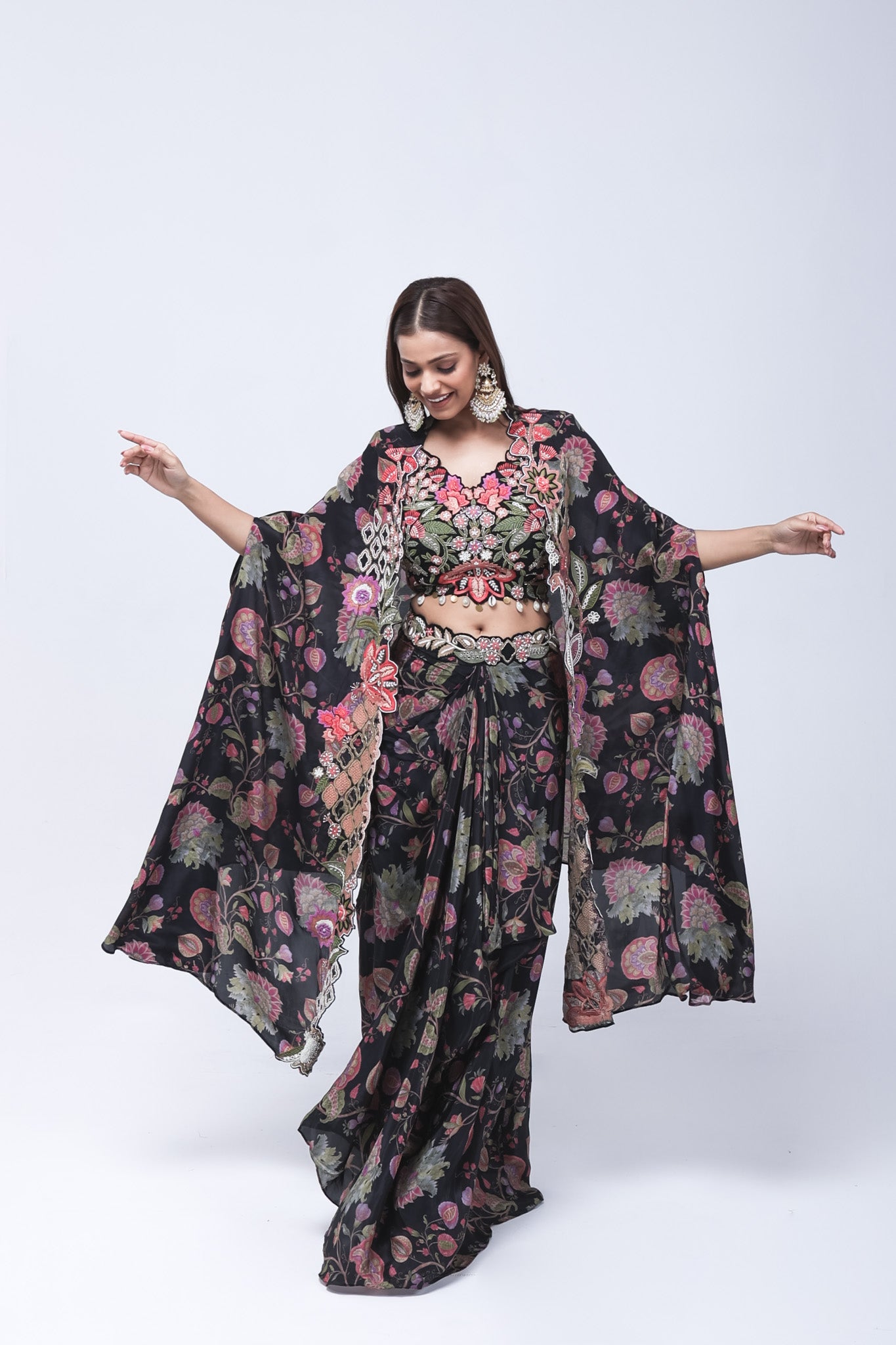 Luxurious Black Floral Long Shrug Indo-Western Dress