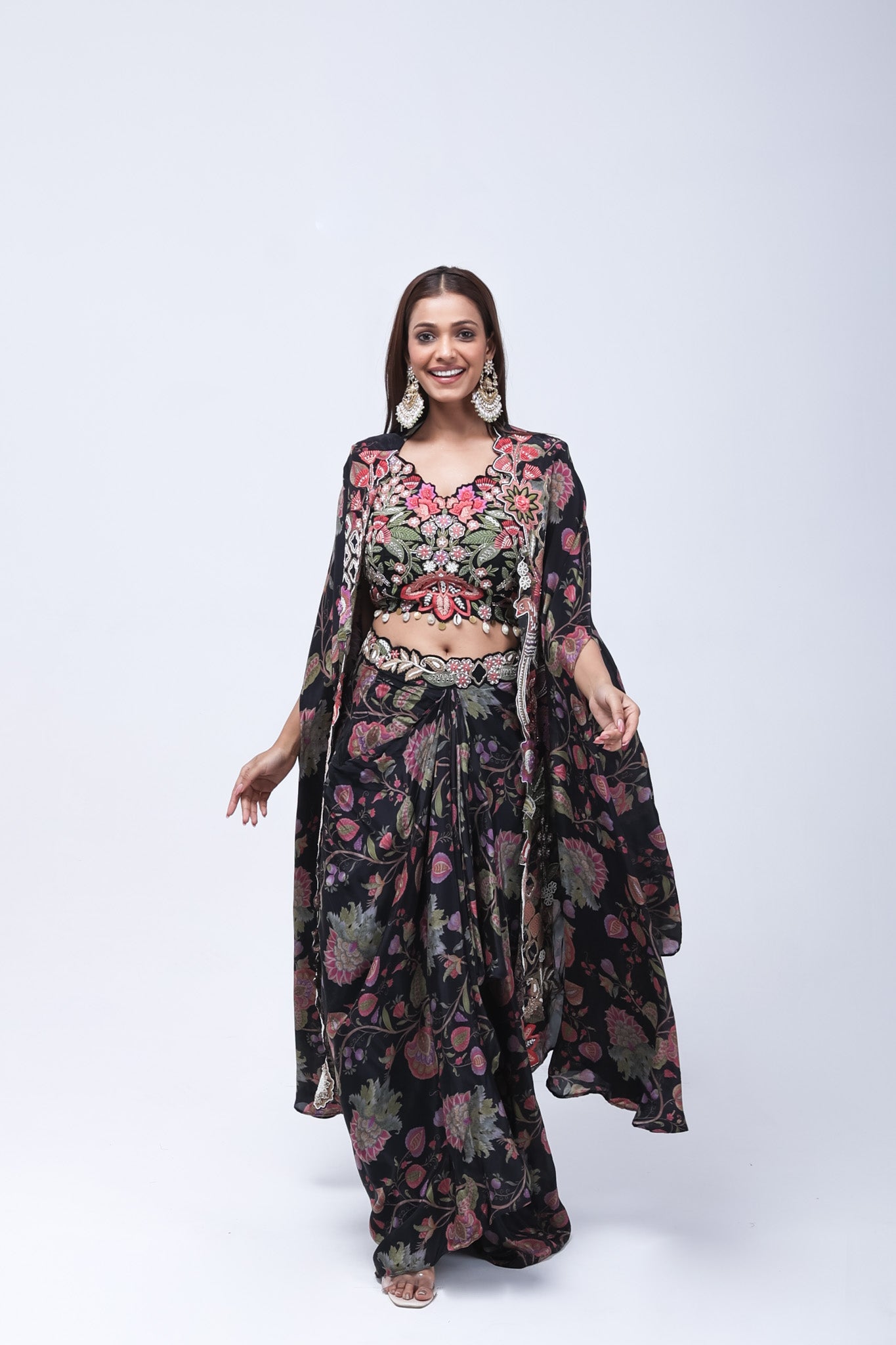 Luxurious Black Floral Long Shrug Indo-Western Dress