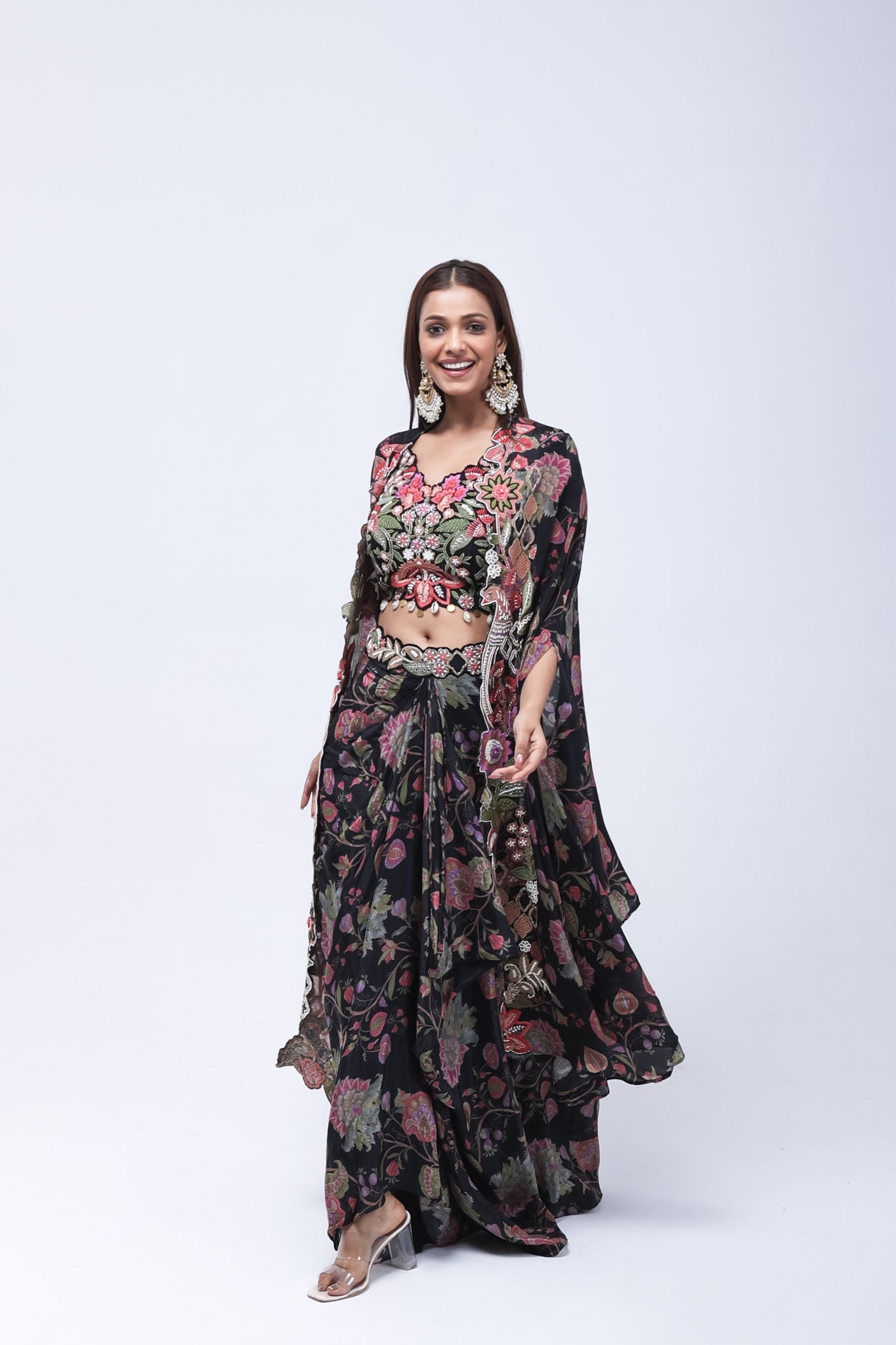 Luxurious Black Floral Long Shrug Indo-Western Dress