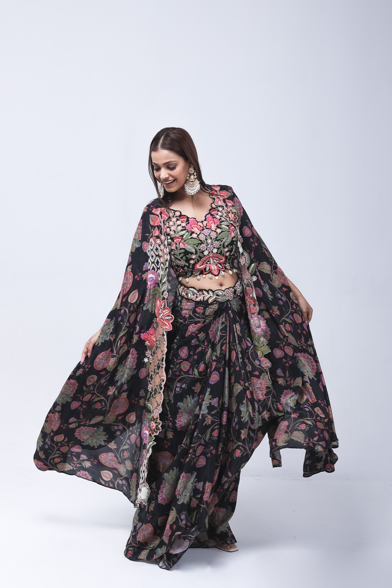 Luxurious Black Floral Long Shrug Indo-Western Dress
