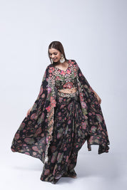 Luxurious Black Floral Long Shrug Indo-Western Dress