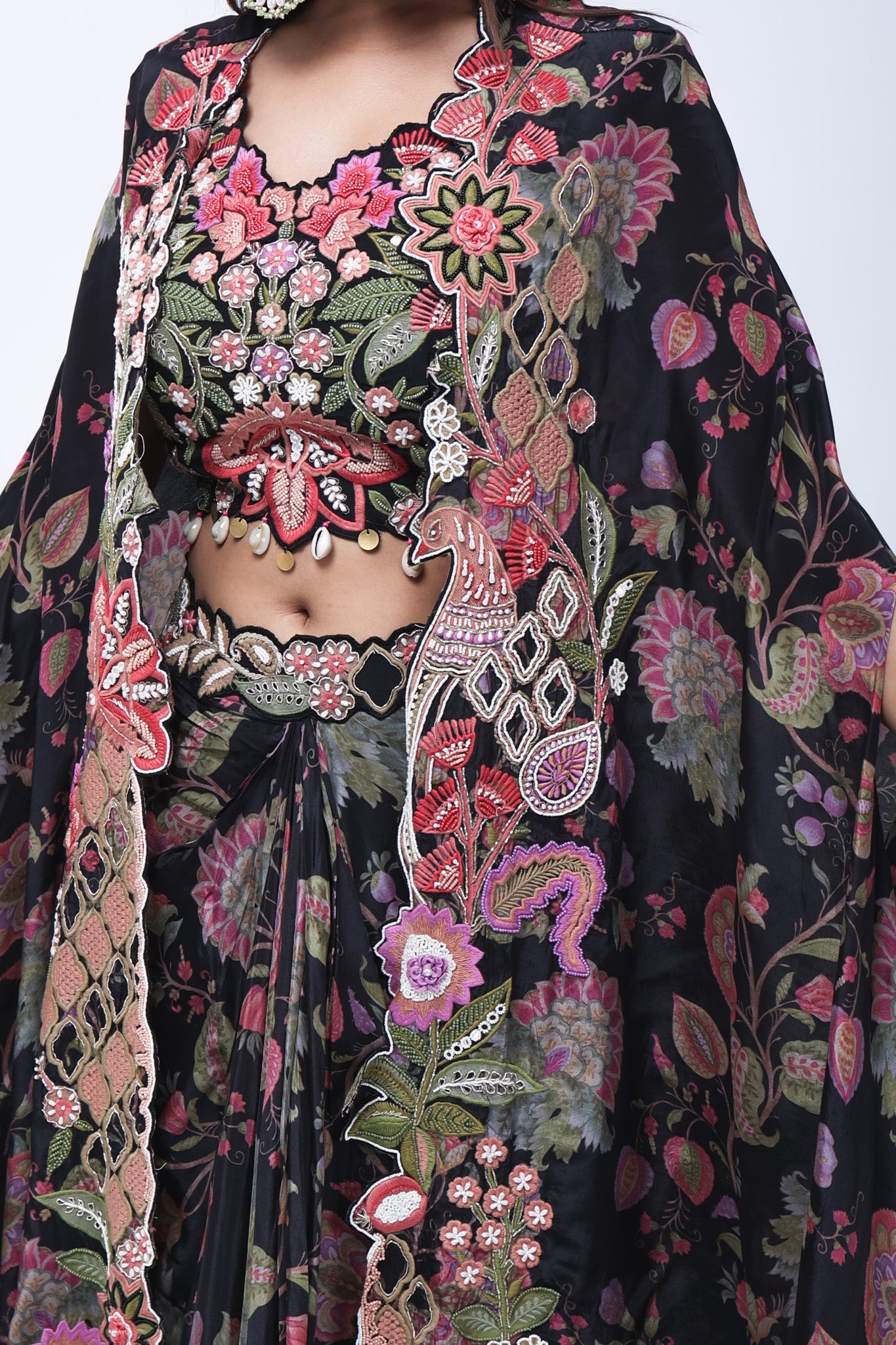 Luxurious Black Floral Long Shrug Indo-Western Dress