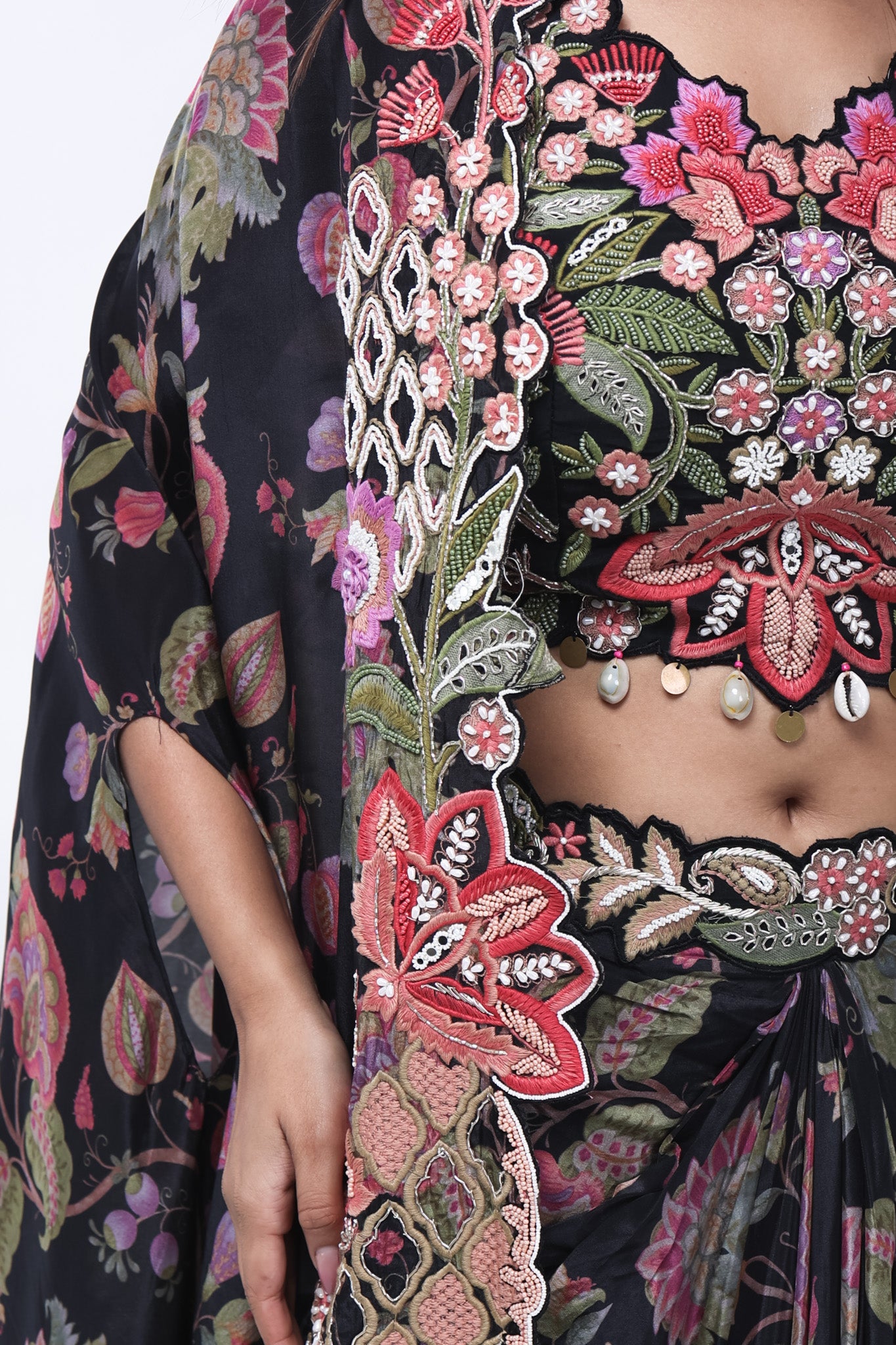 Luxurious Black Floral Long Shrug Indo-Western Dress