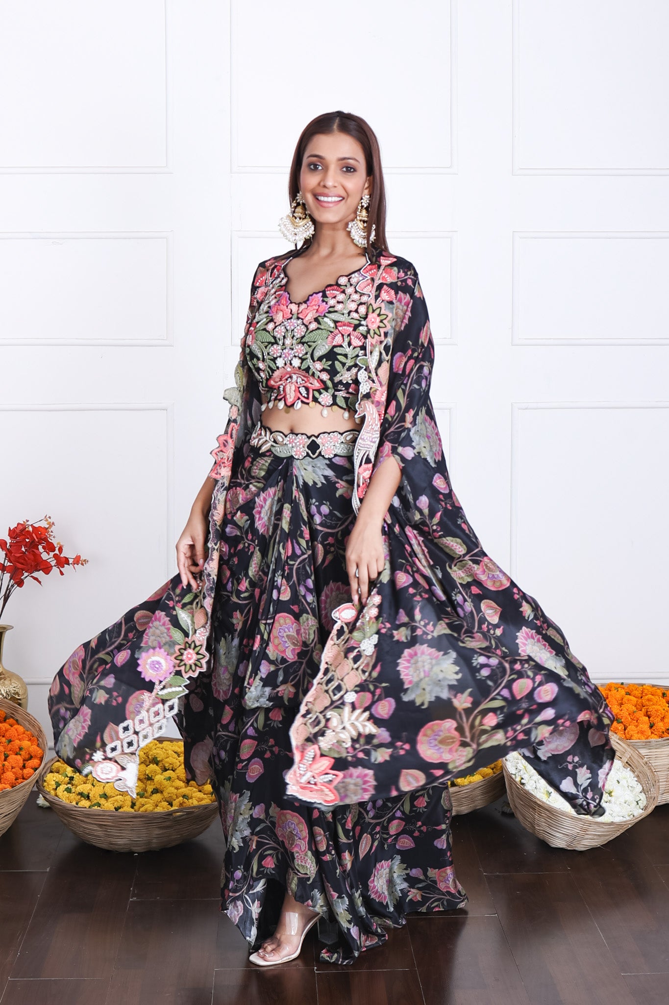 Luxurious Black Floral Long Shrug Indo-Western Dress