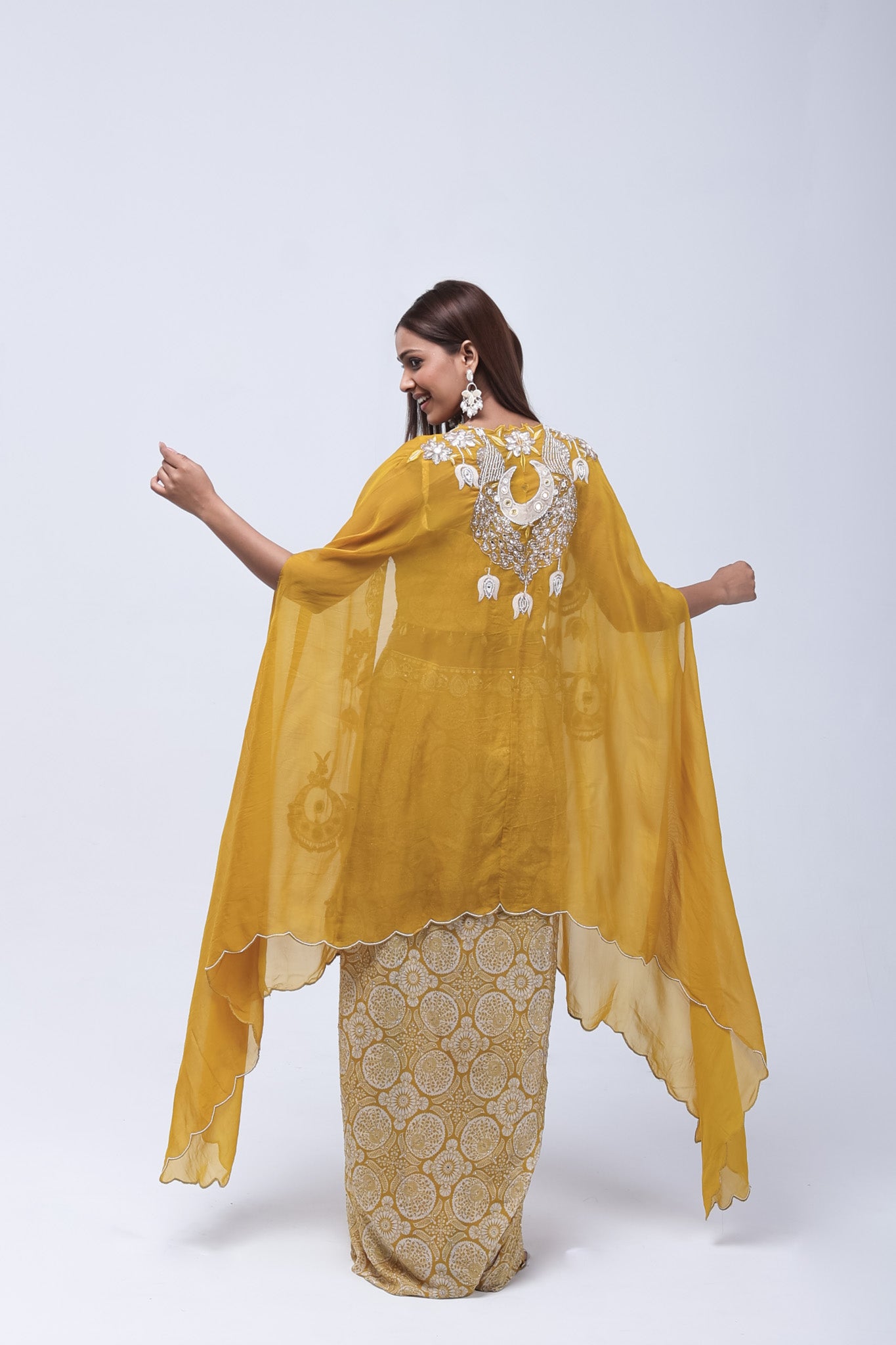 Mustard Yellow  Long Shrug Indo-Western Dress