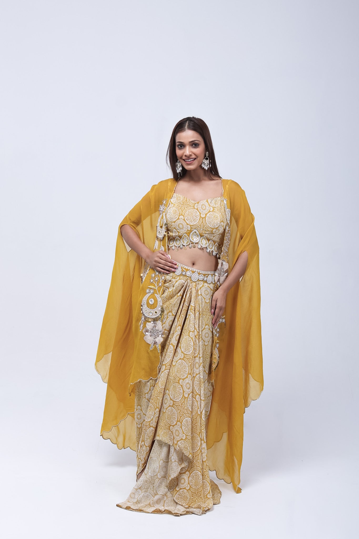 Mustard Yellow  Long Shrug Indo-Western Dress