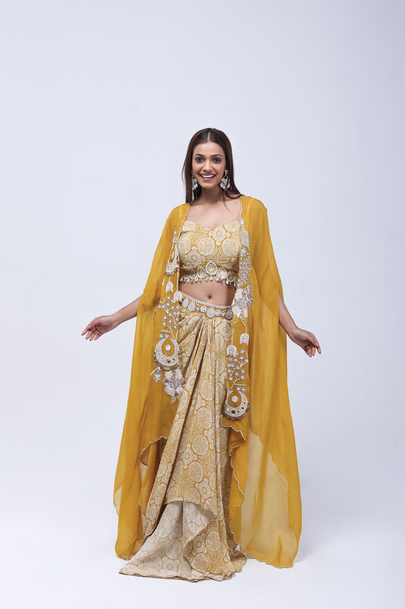 Mustard Yellow  Long Shrug Indo-Western Dress