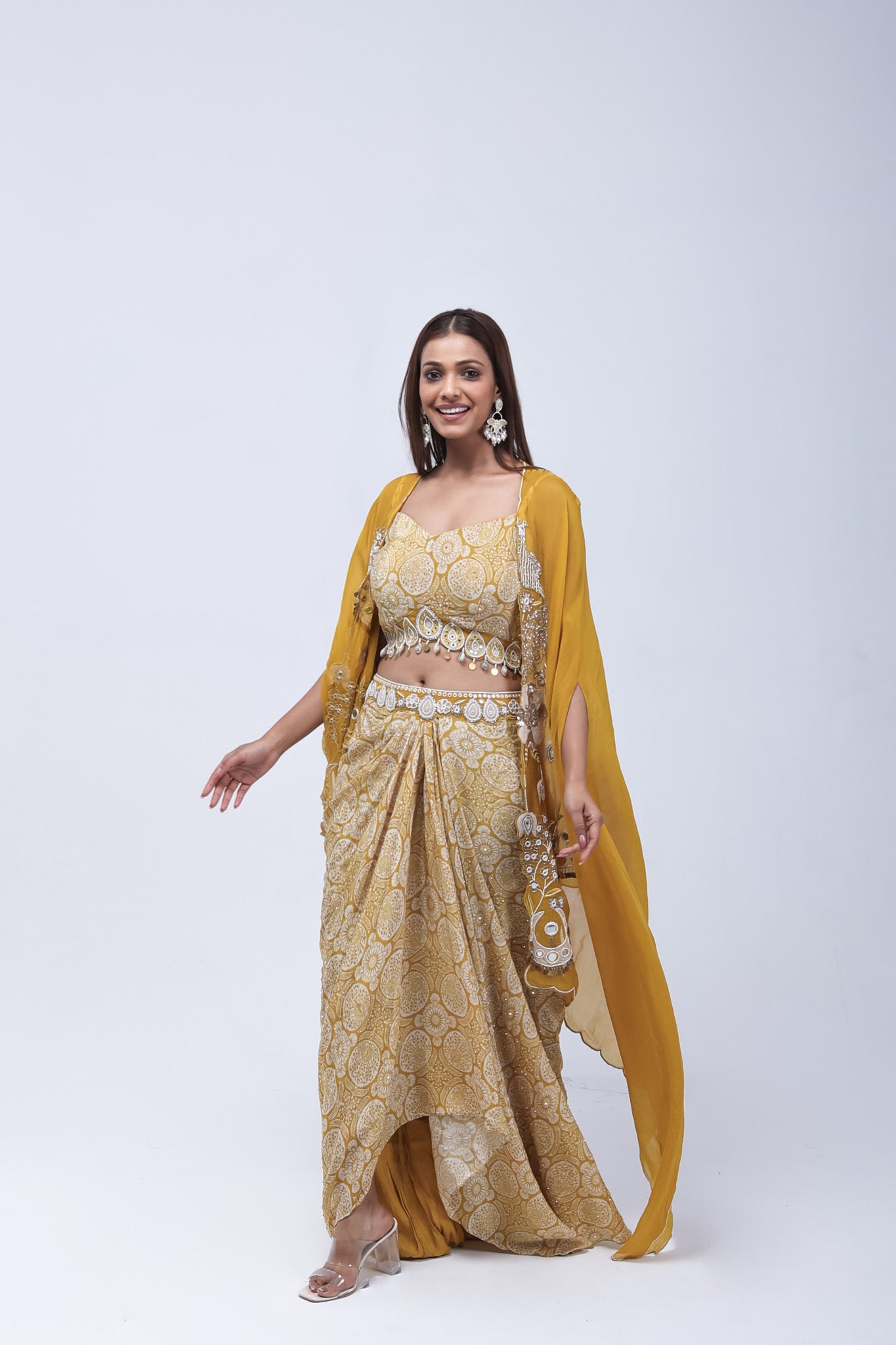Mustard Yellow  Long Shrug Indo-Western Dress