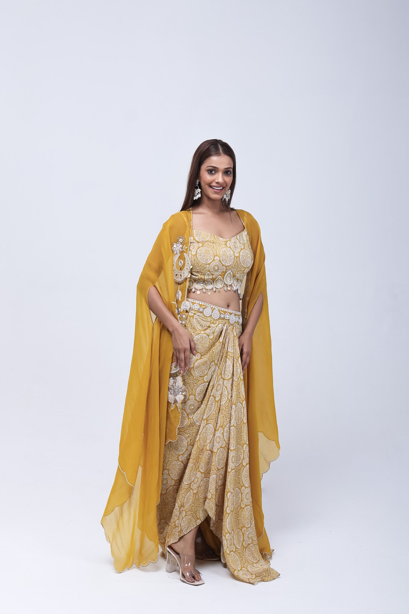 Mustard Yellow  Long Shrug Indo-Western Dress