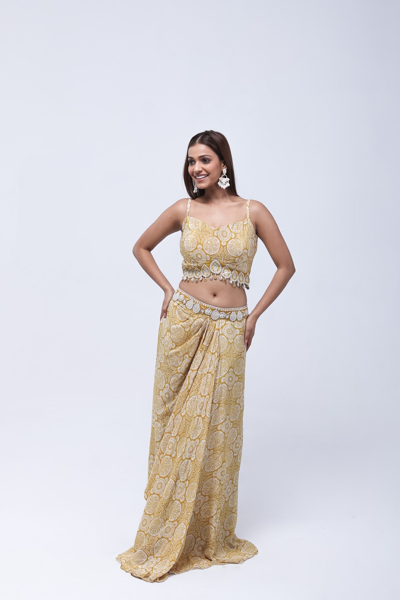 Mustard Yellow  Long Shrug Indo-Western Dress