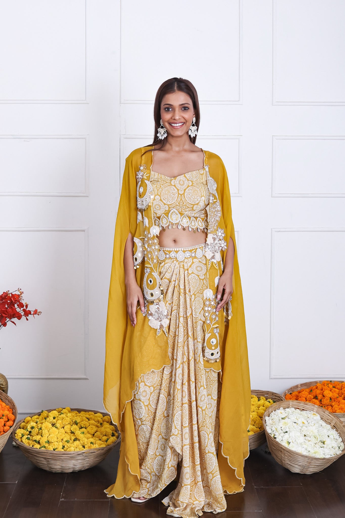 Mustard Yellow  Long Shrug Indo-Western Dress