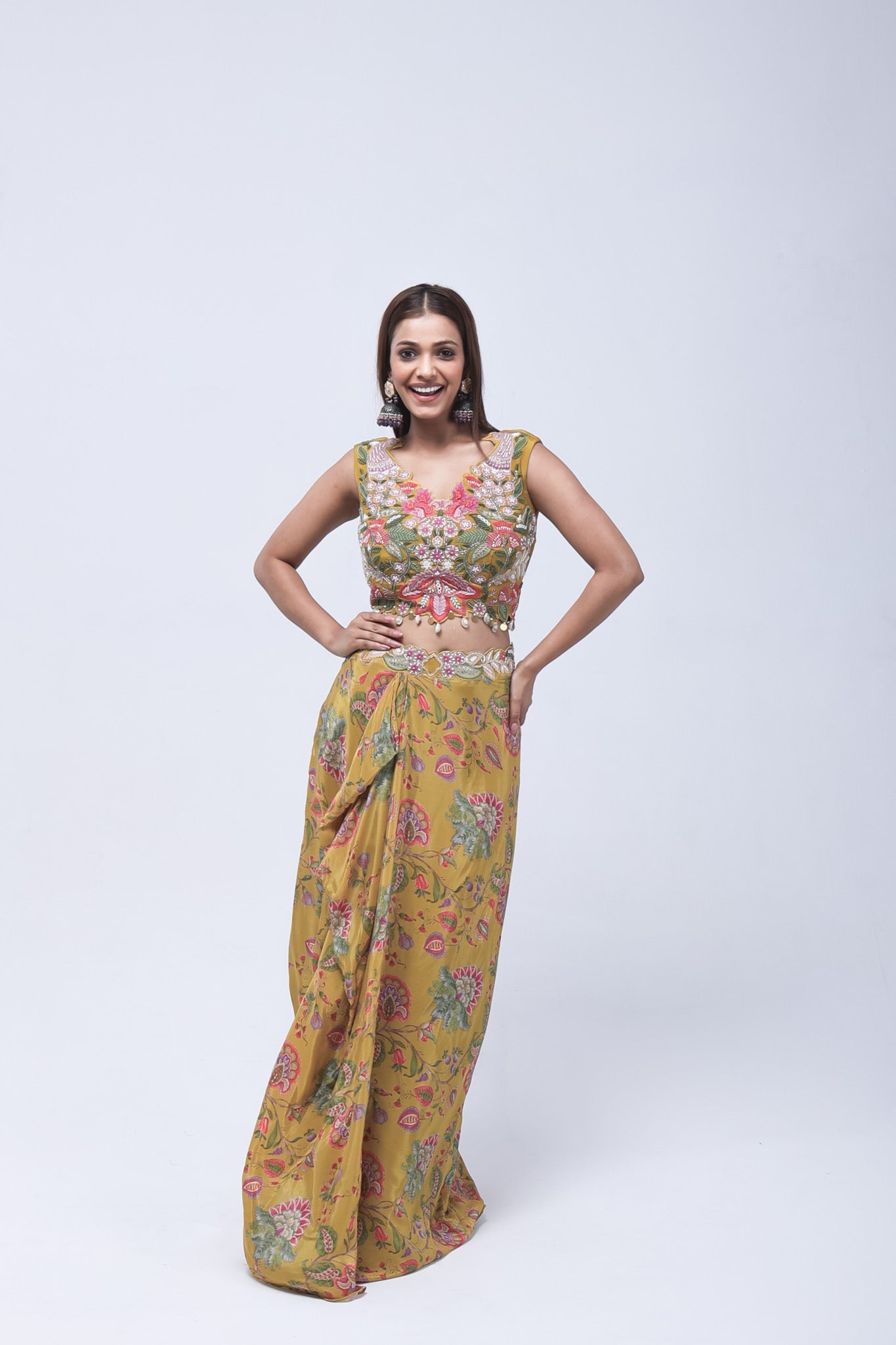 Vibrant Mustard Yellow Long Shrug Indo-Western Dress