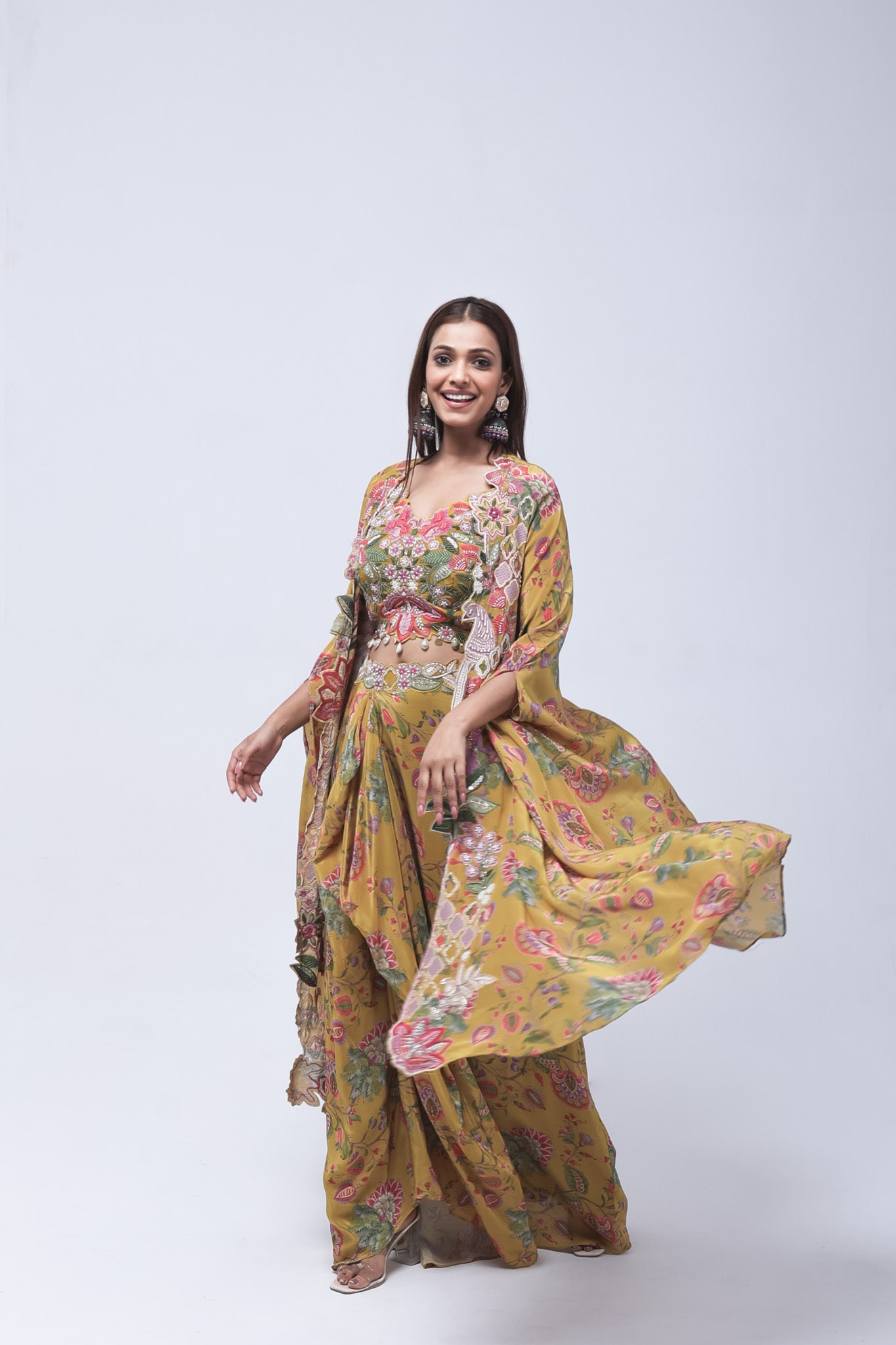 Vibrant Mustard Yellow Long Shrug Indo-Western Dress