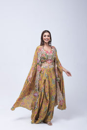 Vibrant Mustard Yellow Long Shrug Indo-Western Dress