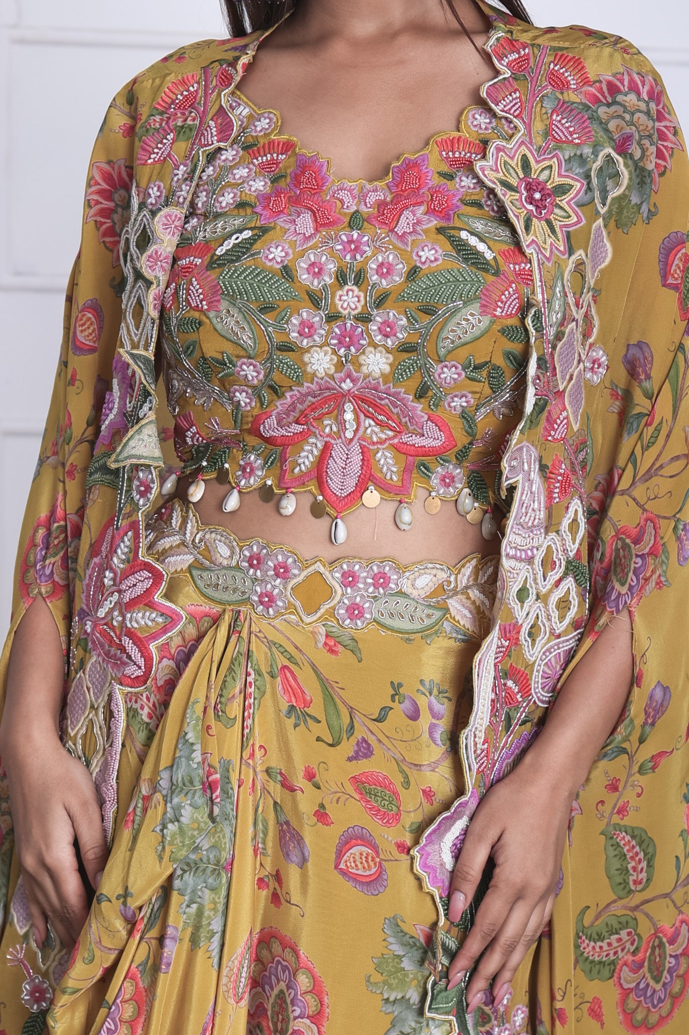 Vibrant Mustard Yellow Long Shrug Indo-Western Dress