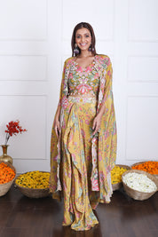 Vibrant Mustard Yellow Long Shrug Indo-Western Dress