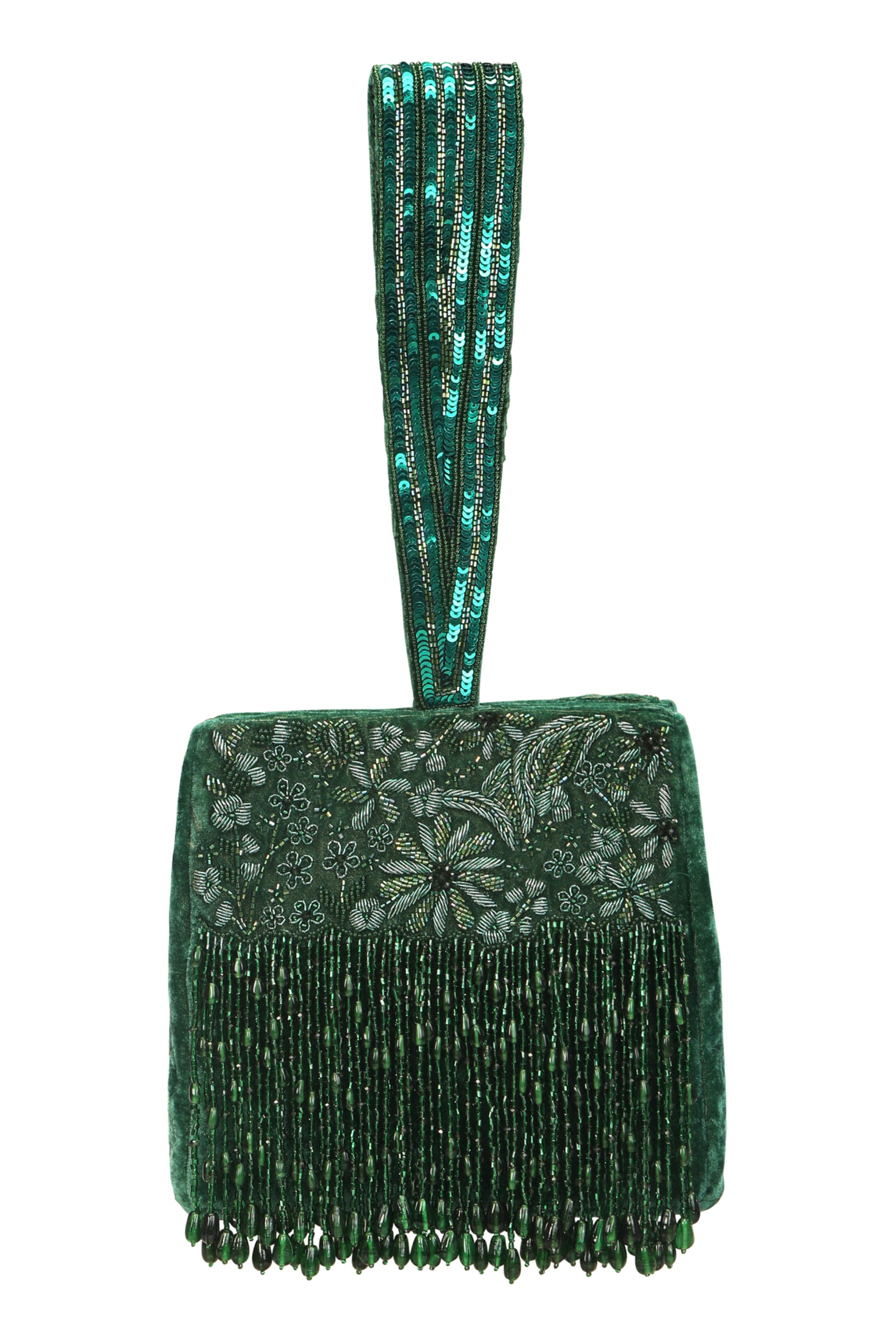 Elegant Green Embroidered Potli Bag with Beaded Tassels