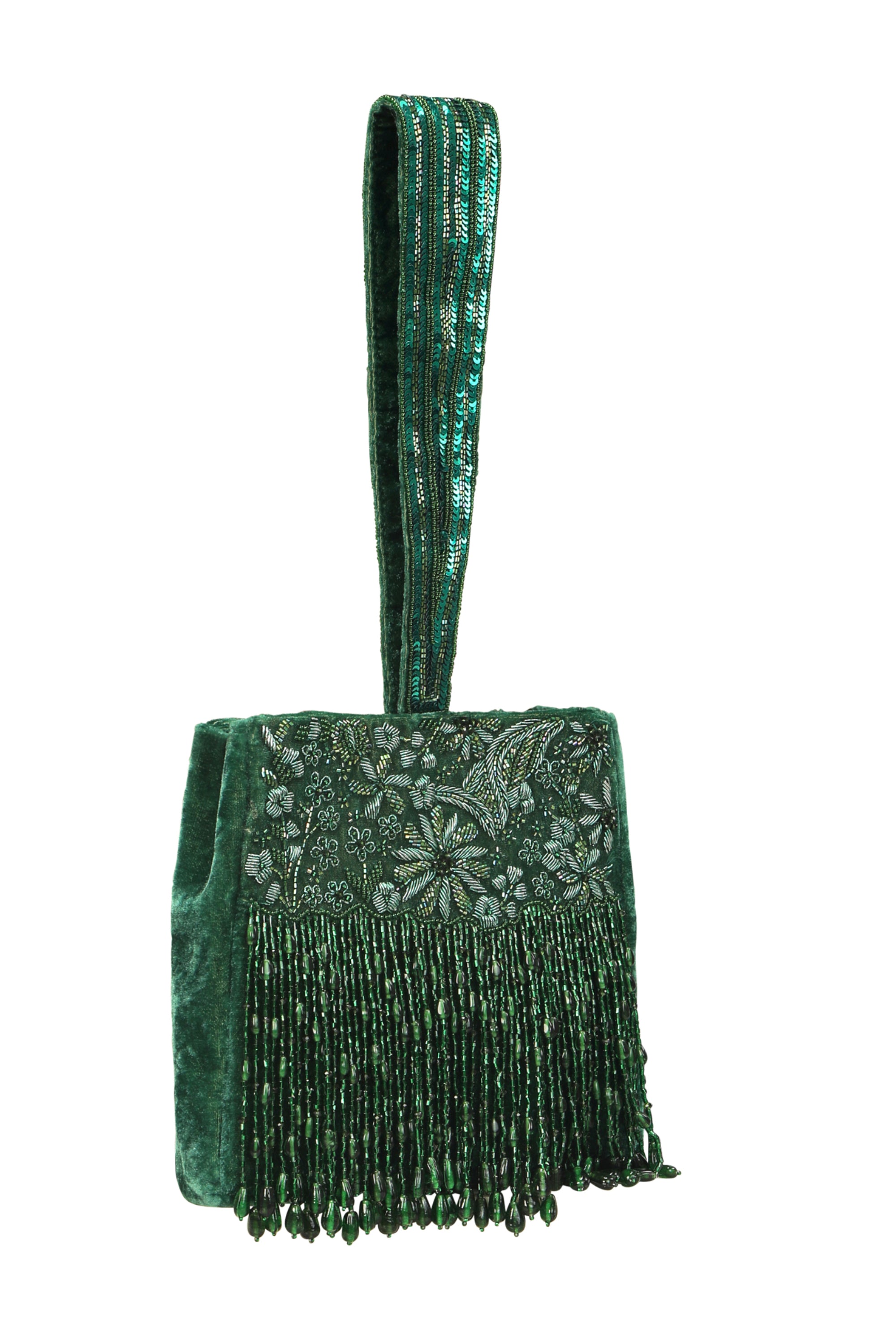 Elegant Green Embroidered Potli Bag with Beaded Tassels