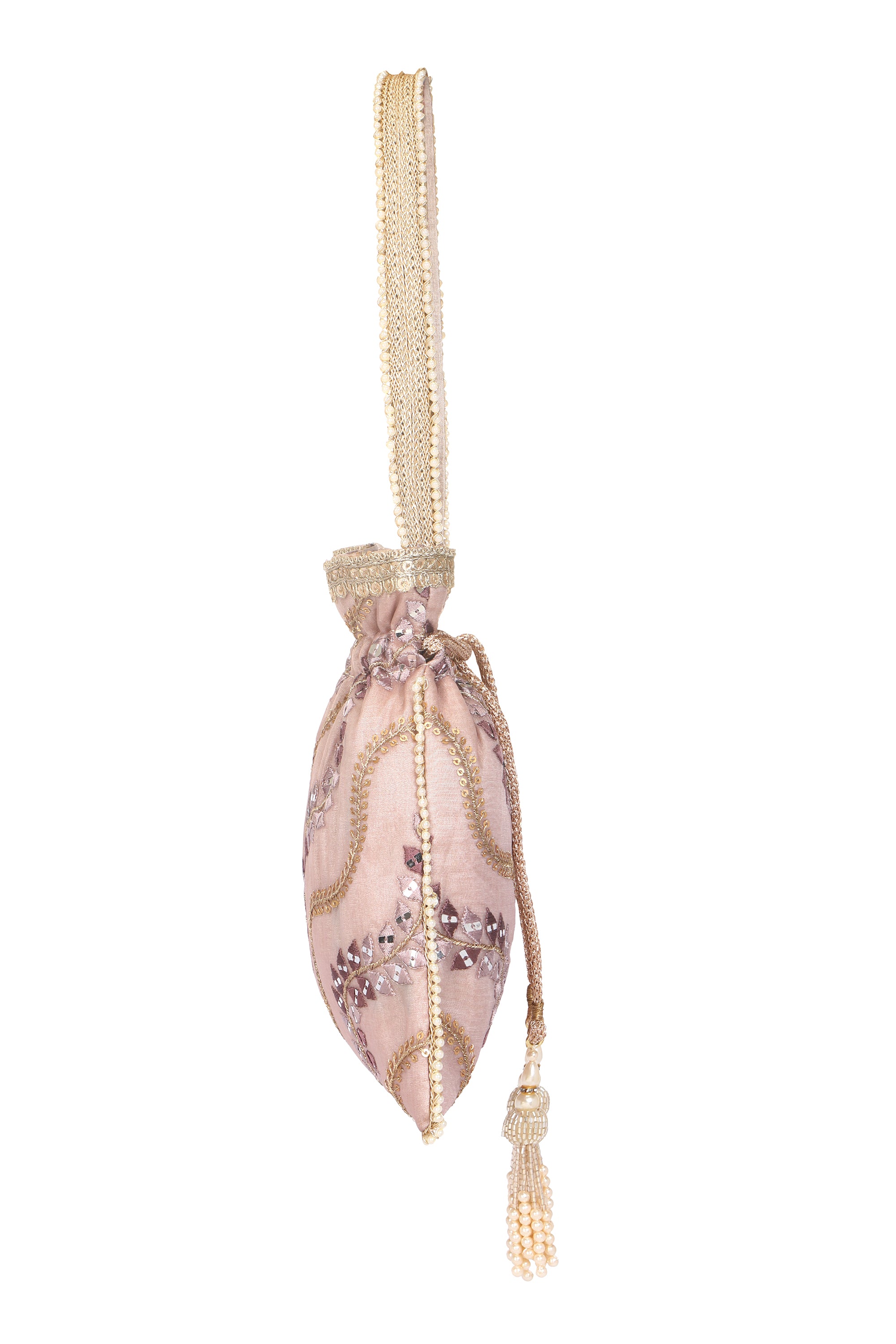 Elegant Blush Pink Potli Bag with Intricate Hand Embellishments