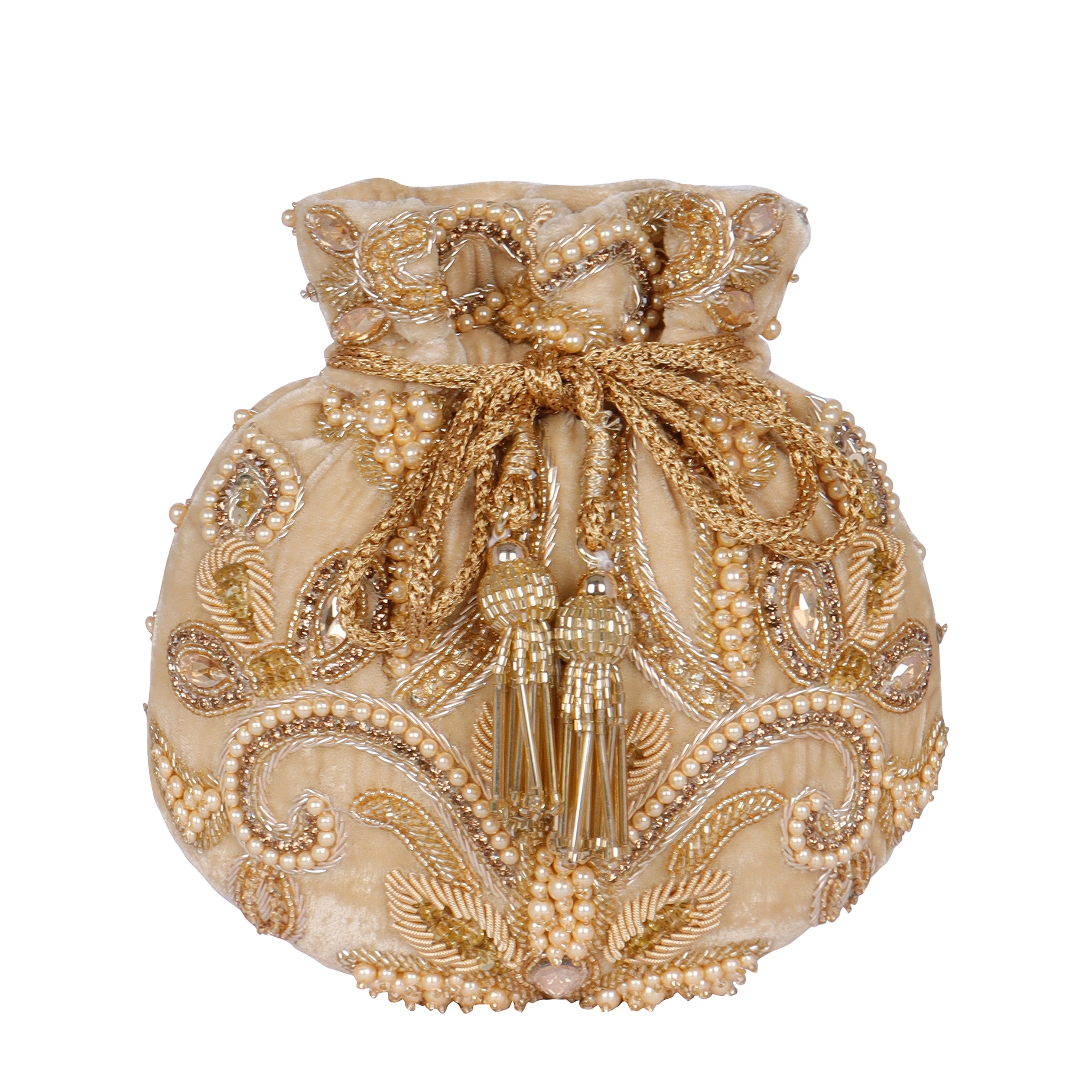 Golden Pearl Embellished Velvet Potli Bag