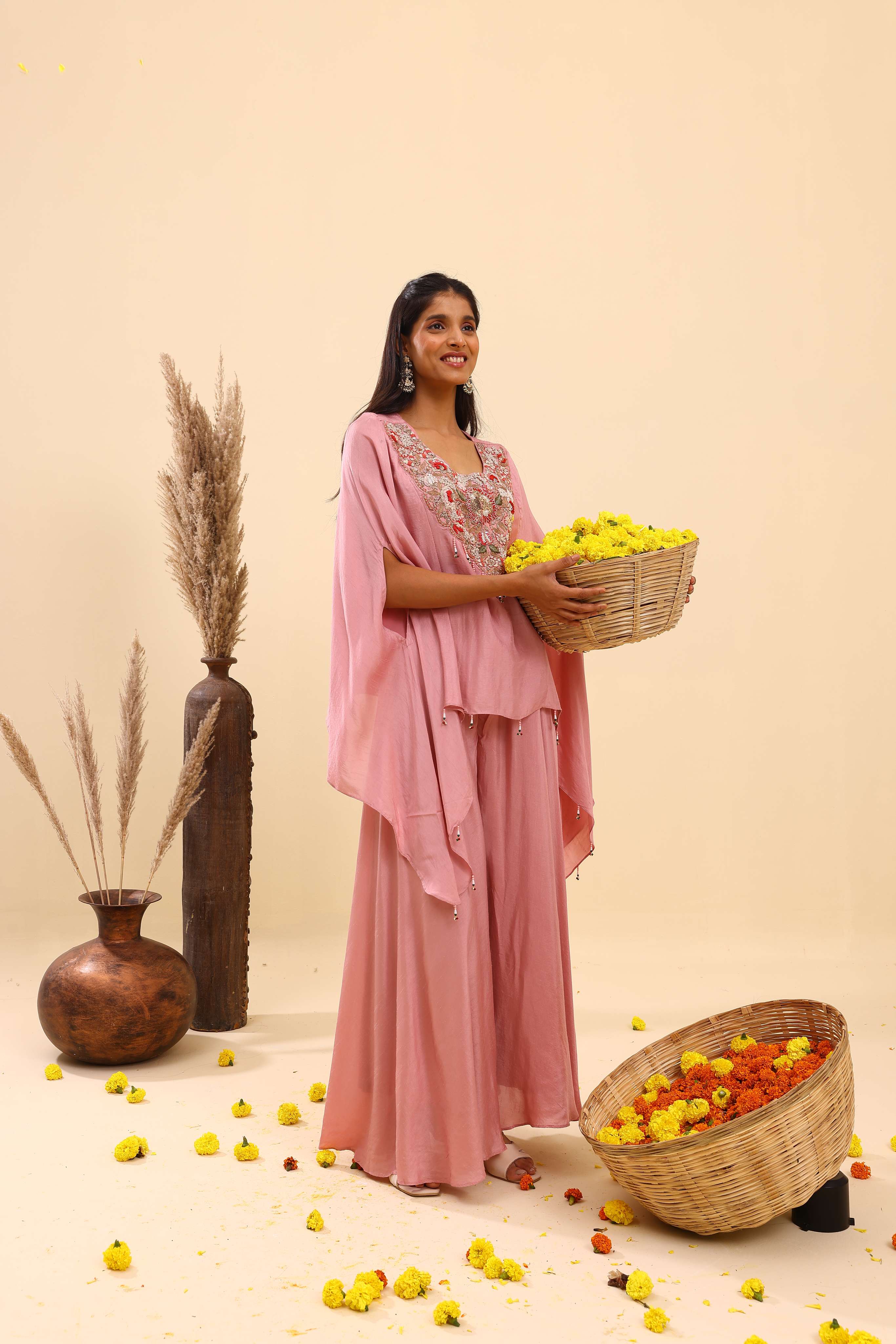Dusty Pink Embroidered Cape set