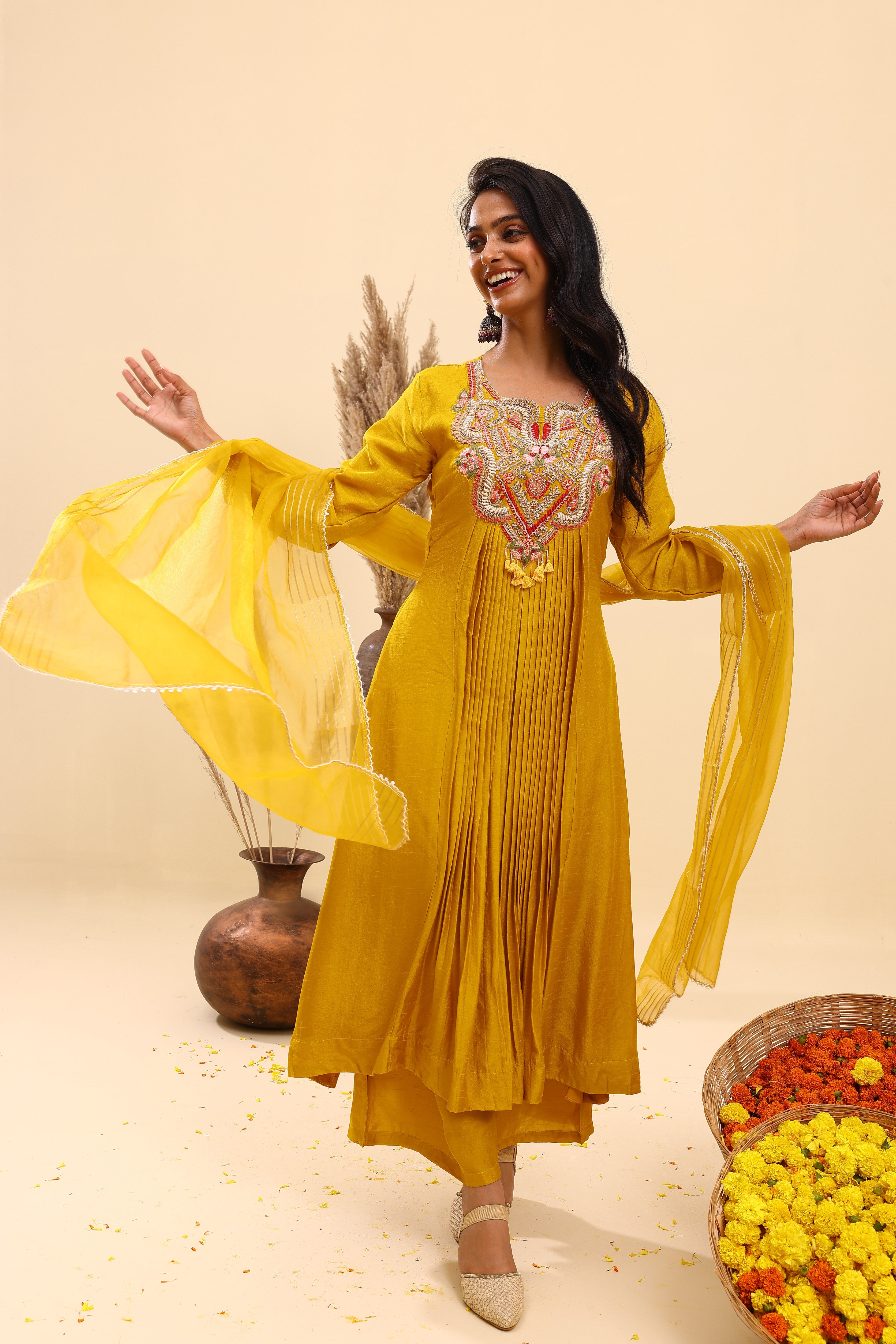Yellow Pleated Suit Set