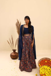 Navy Blue Paisley Print Lehenga