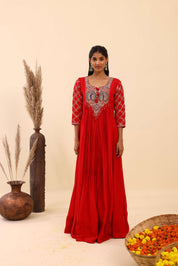 Red Designer Pleated Gown