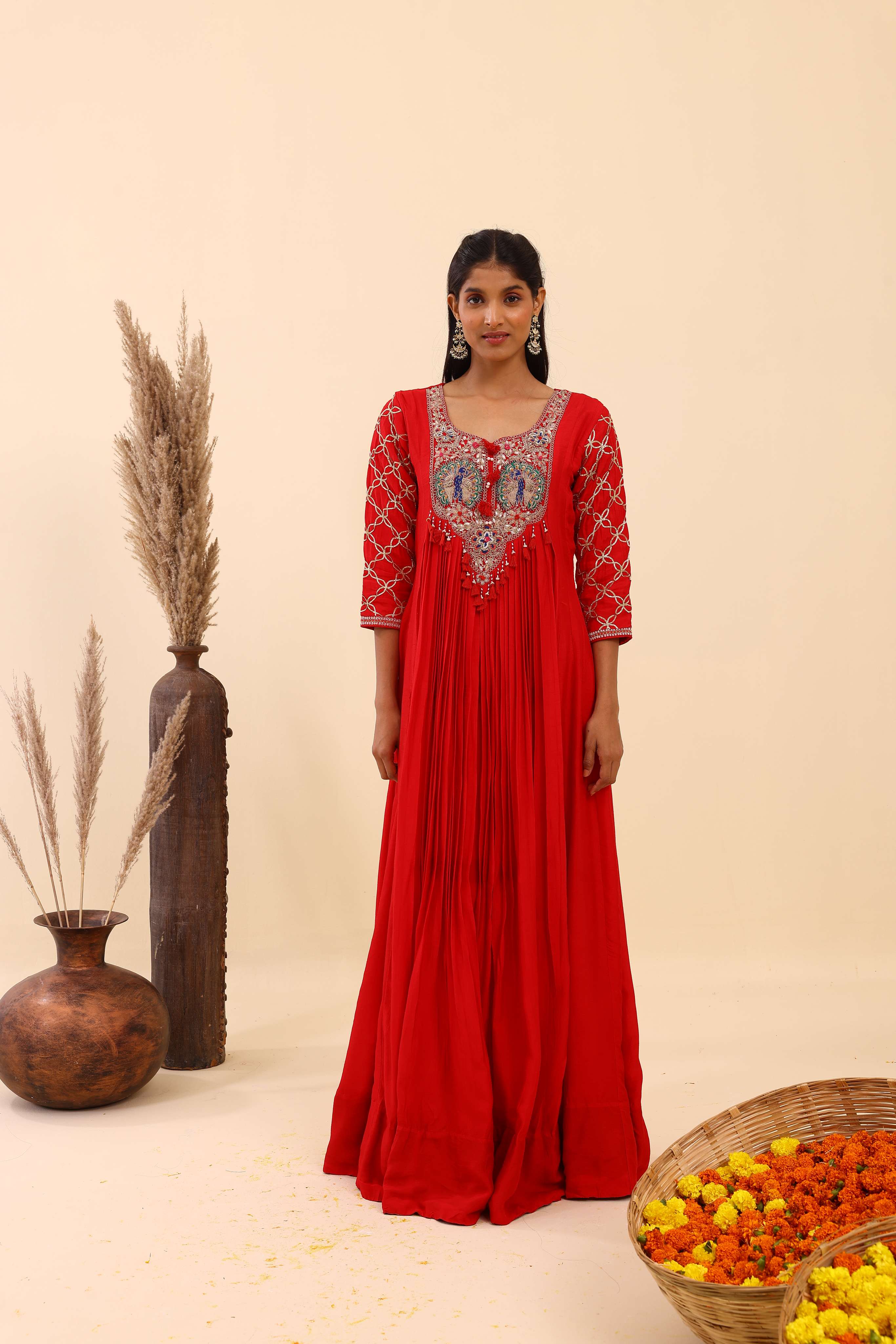 Red Designer Pleated Gown