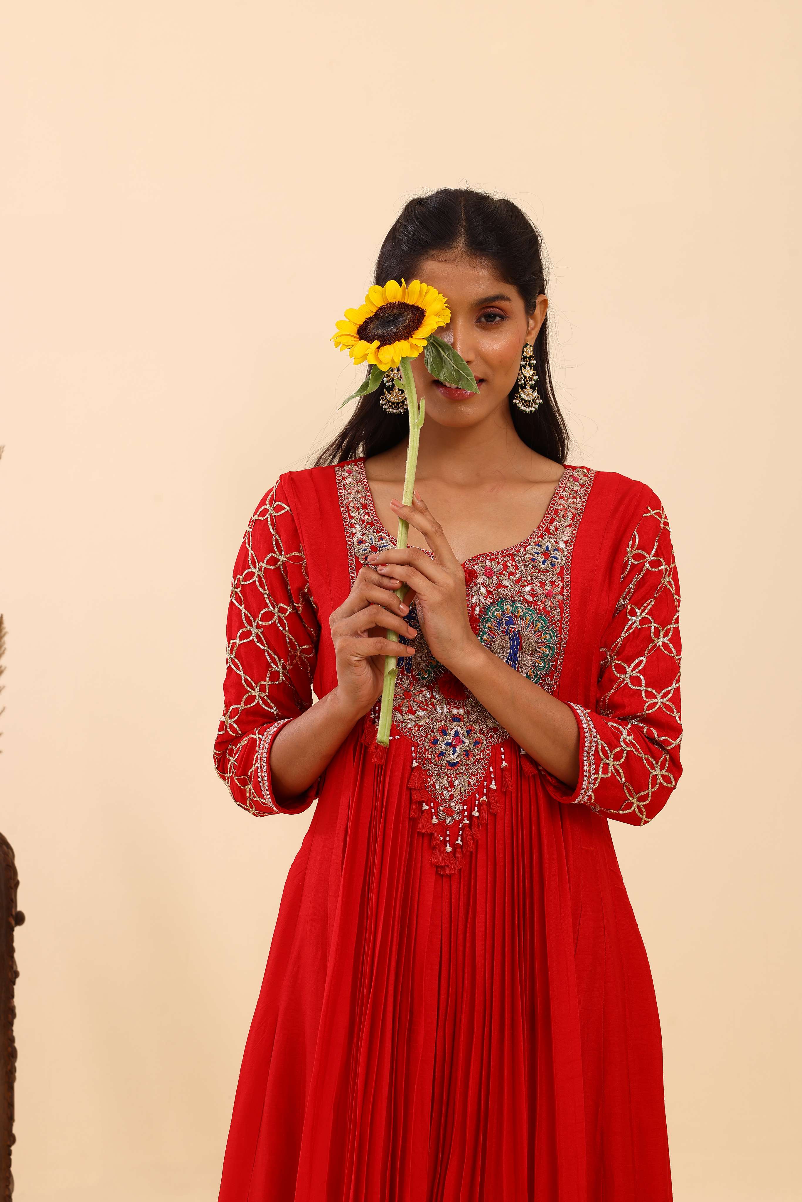 Red Designer Pleated Gown