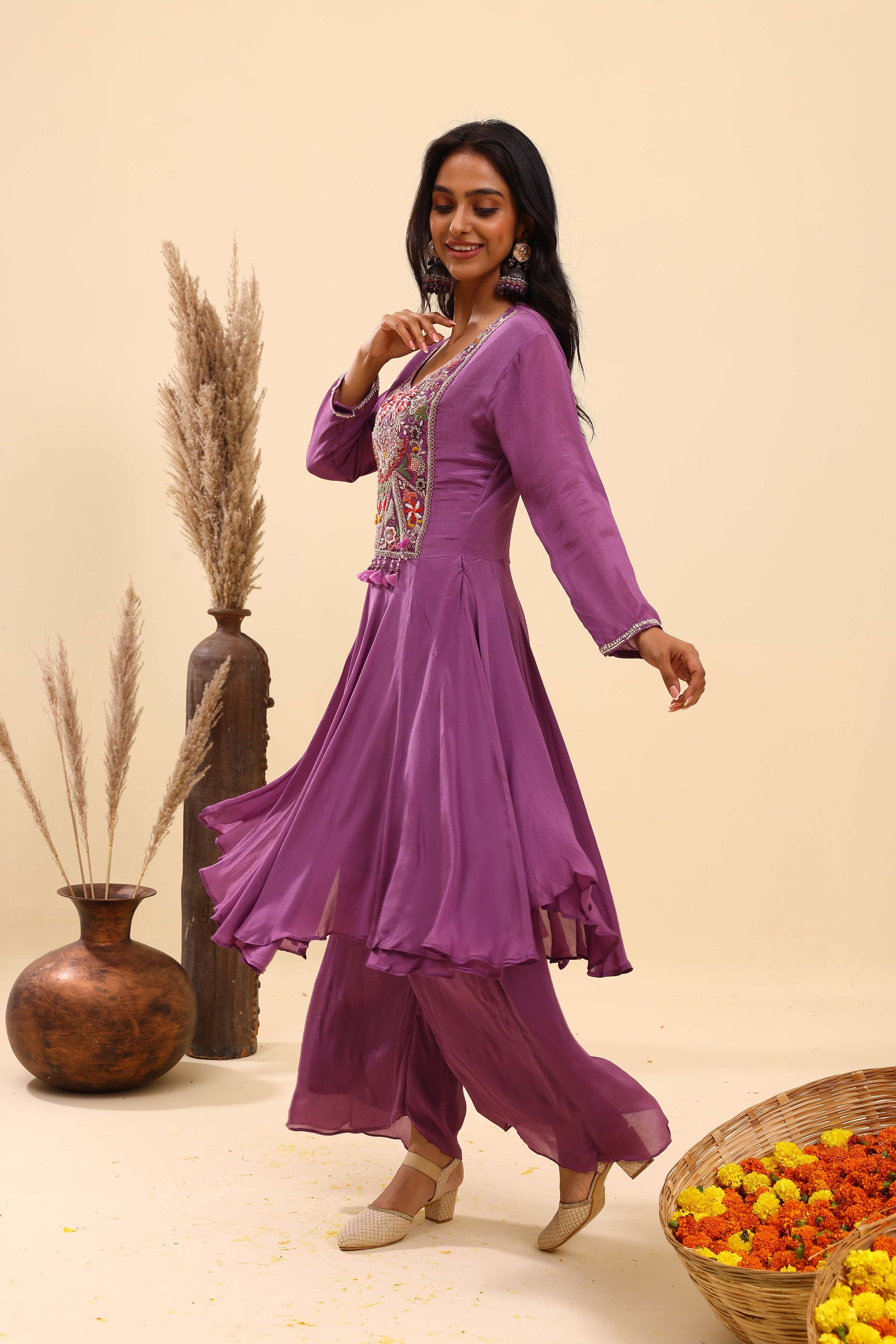 Lavender Embroidered Kurta Palazzo Set