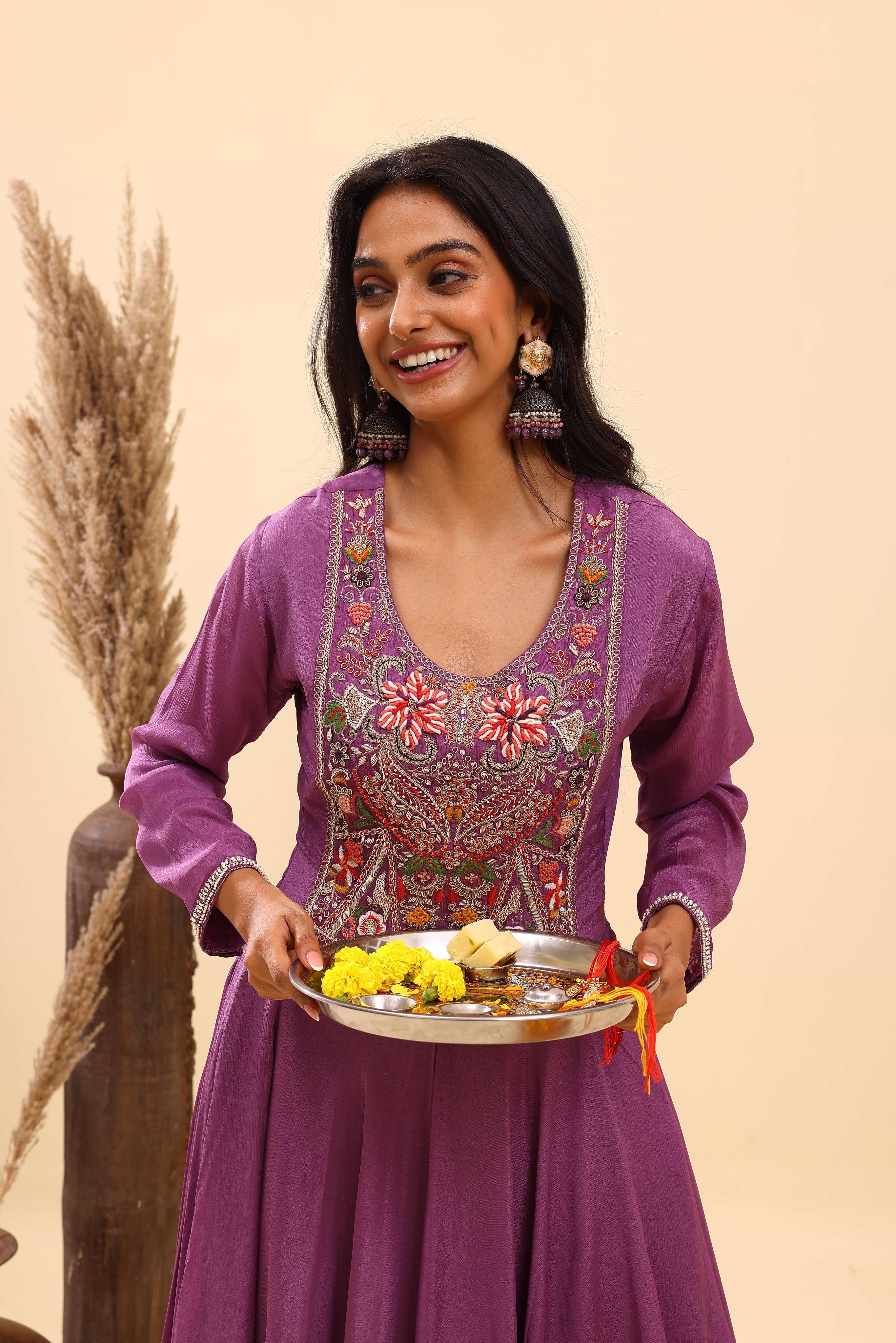 Lavender Embroidered Kurta Palazzo Set