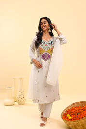 White Kurta Set with Colorful Embroidery