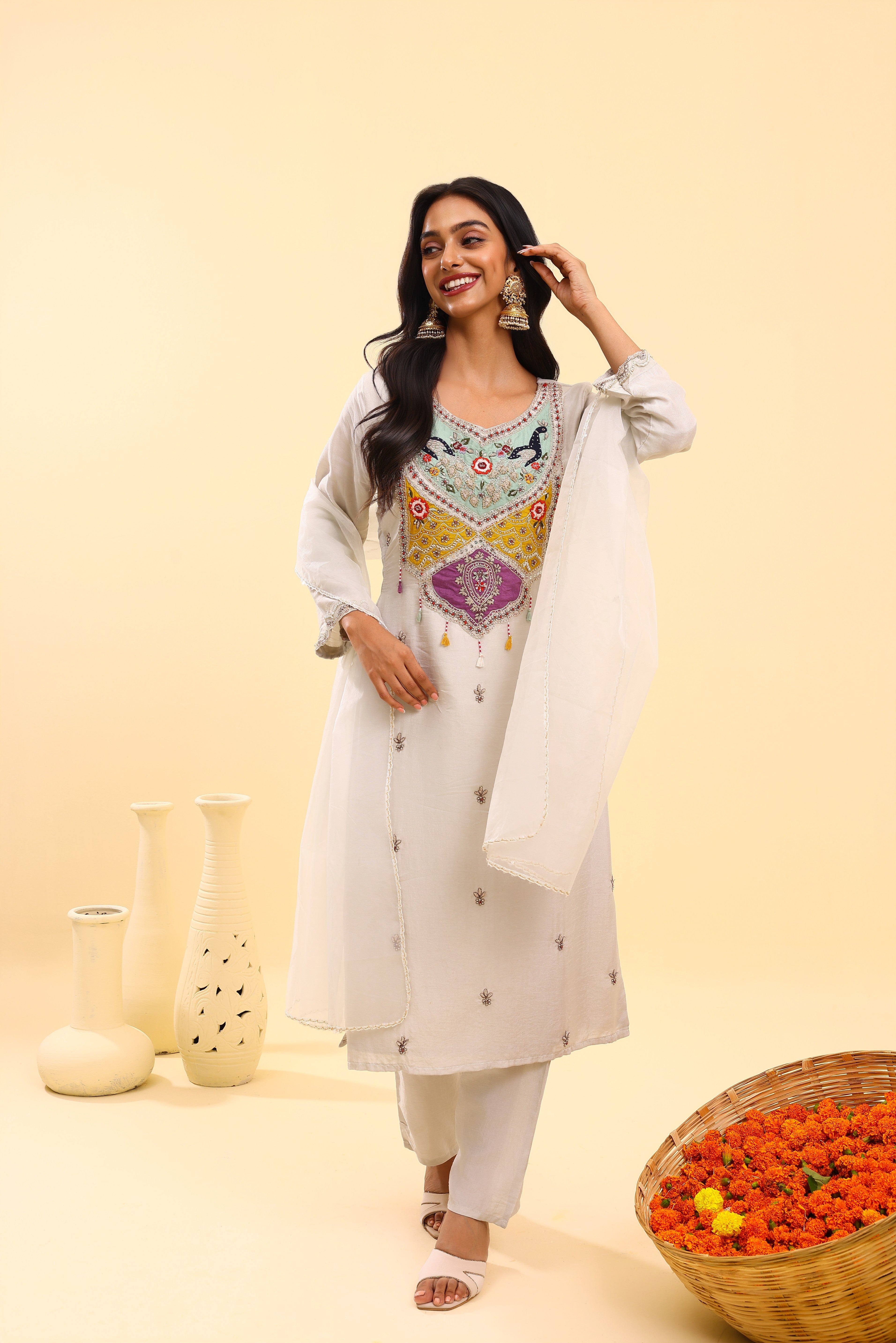 White Kurta Set with Colorful Embroidery