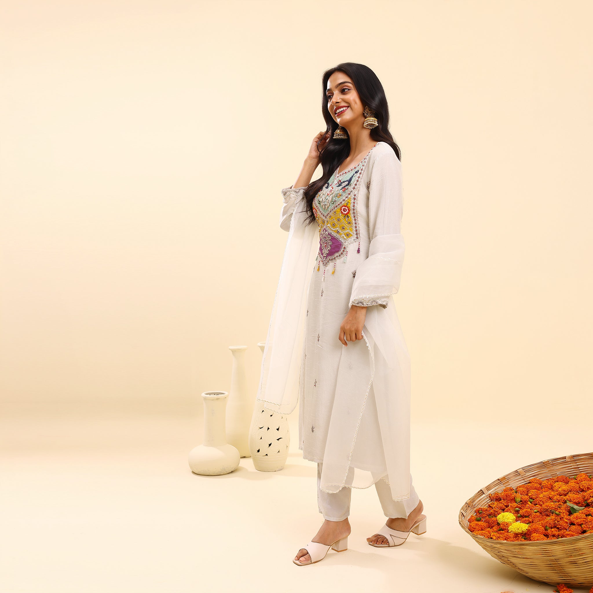 White Kurta Set with Colorful Embroidery