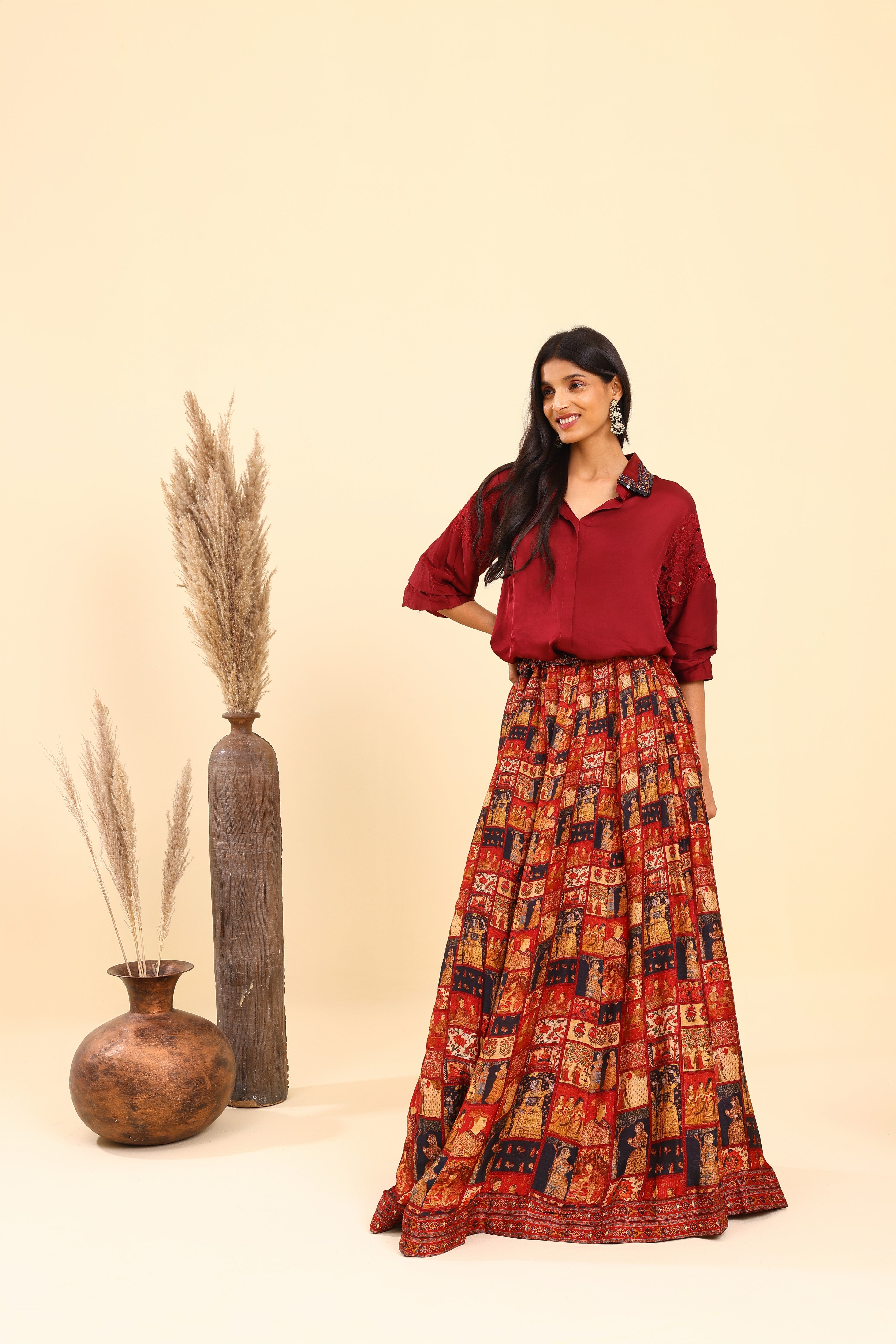 Maroon Shirt & Skirt Set