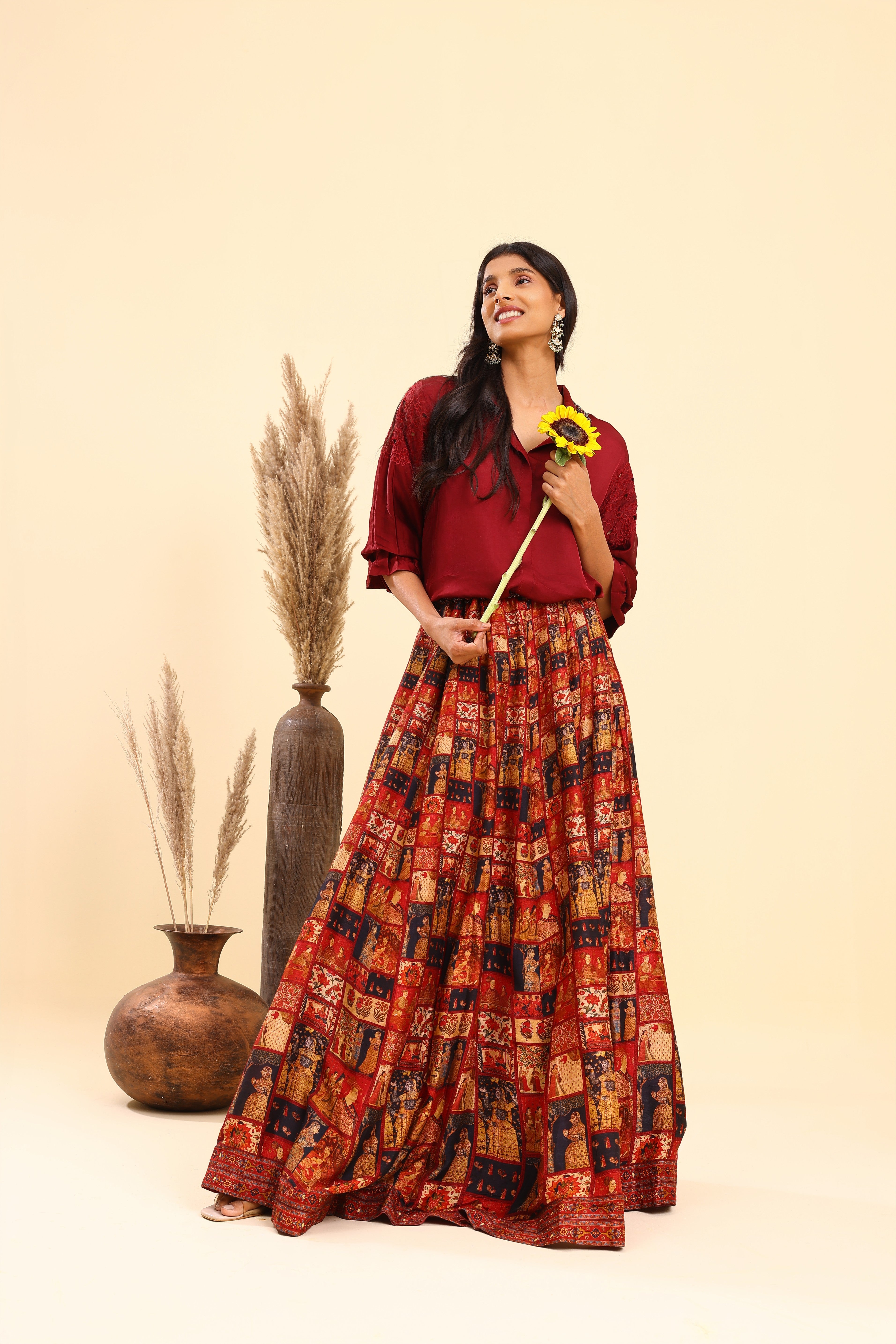 Maroon Shirt & Skirt Set