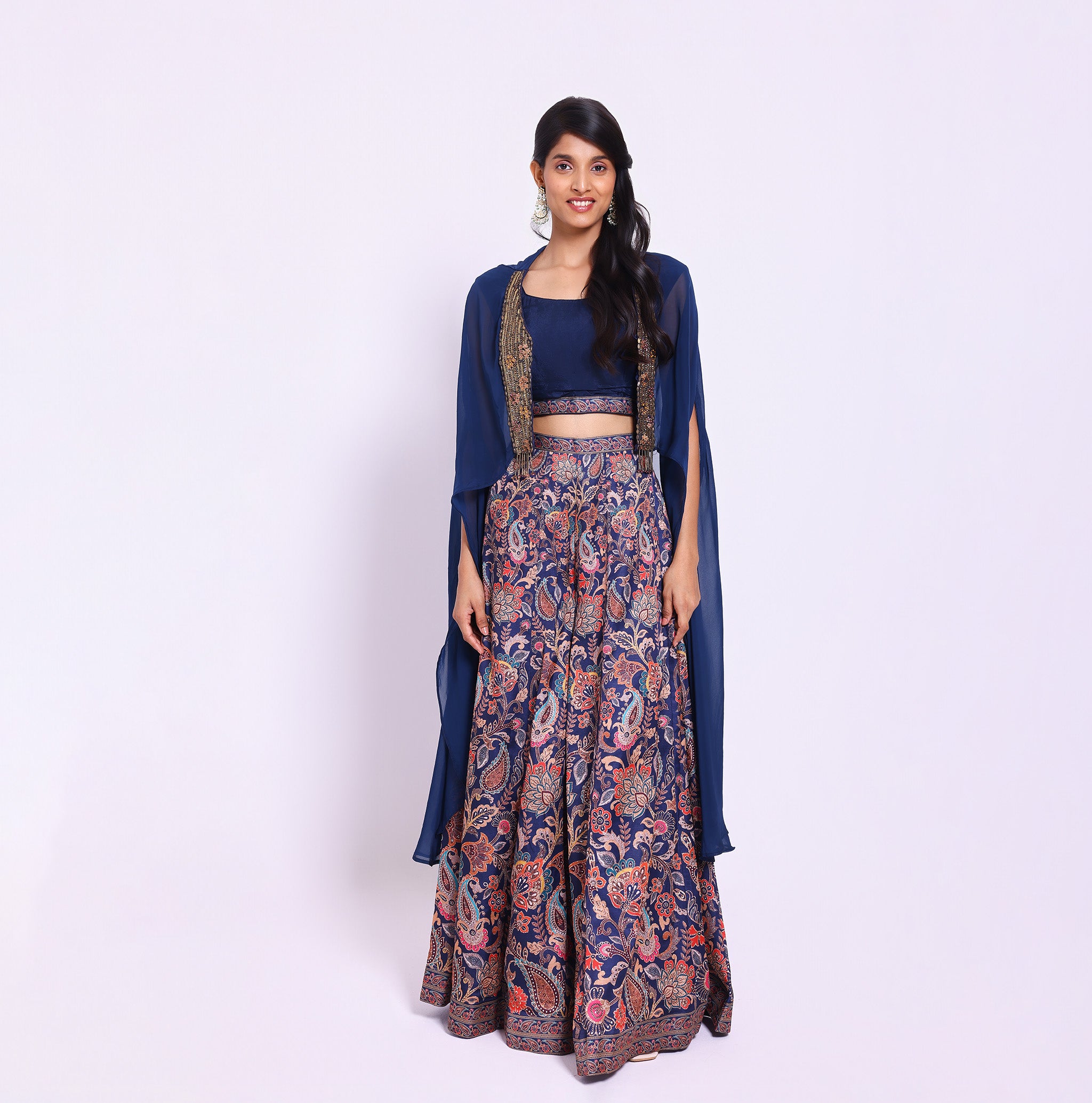 Navy Blue Paisley Printed Plazo set with cape