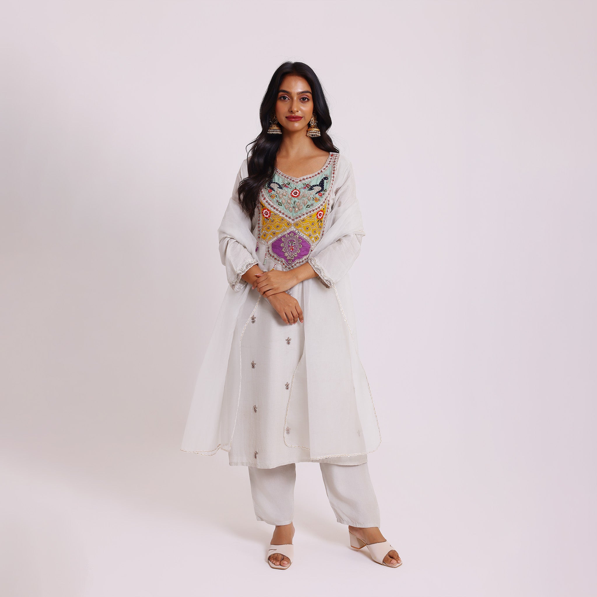 White Kurta Set with Colorful Embroidery