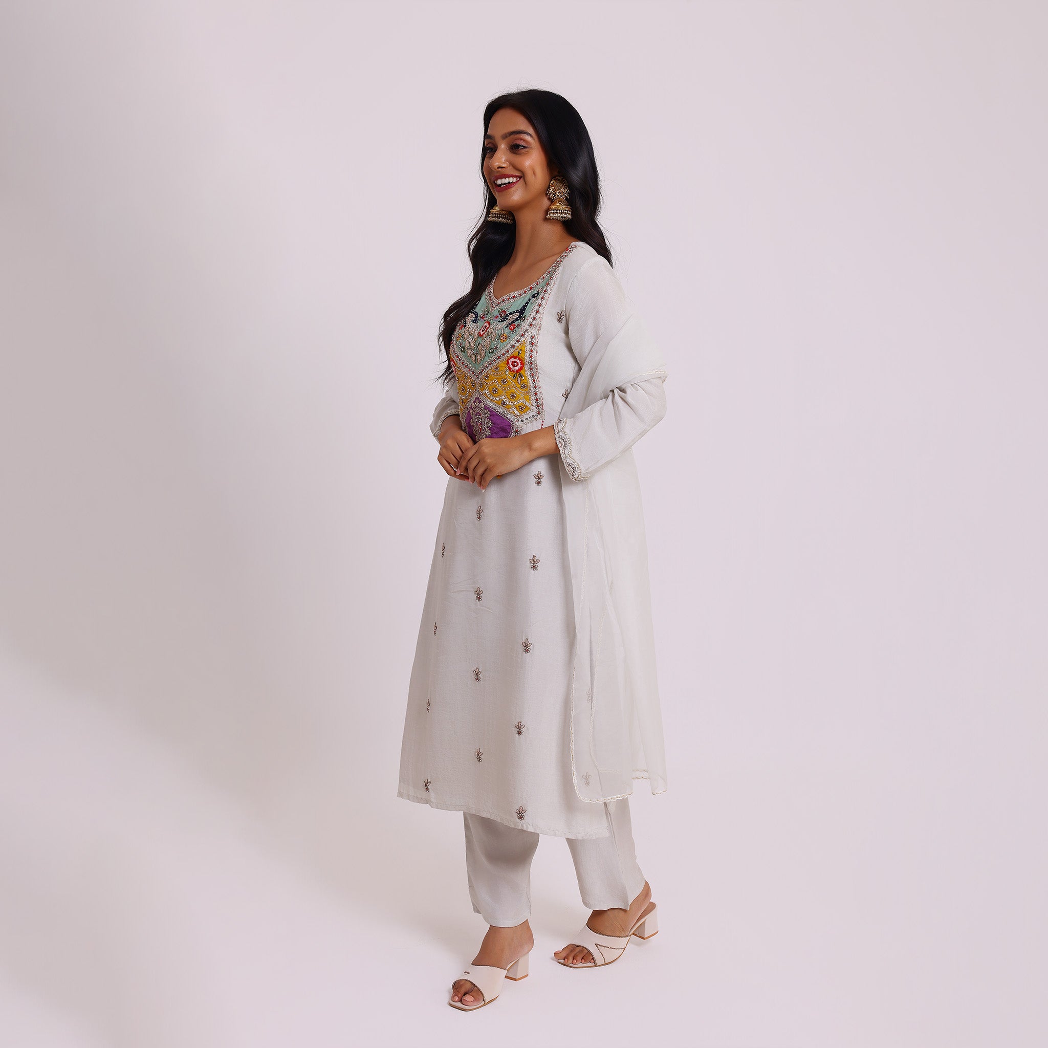 White Kurta Set with Colorful Embroidery