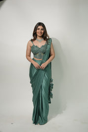 Emerald Elegance Drape Saree with Corset Blouse